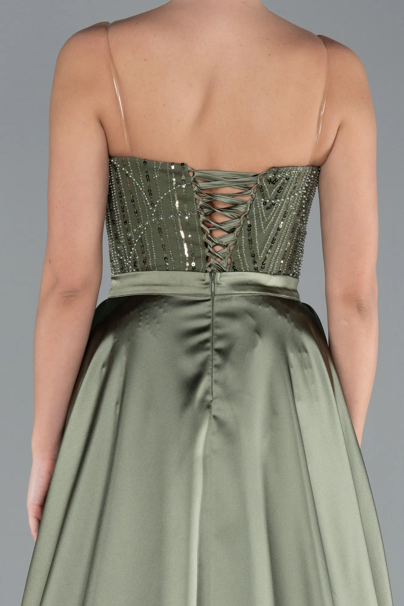 Olive Drab-Strapless Satin Tail Long Beaded Evening Gown ABU4745