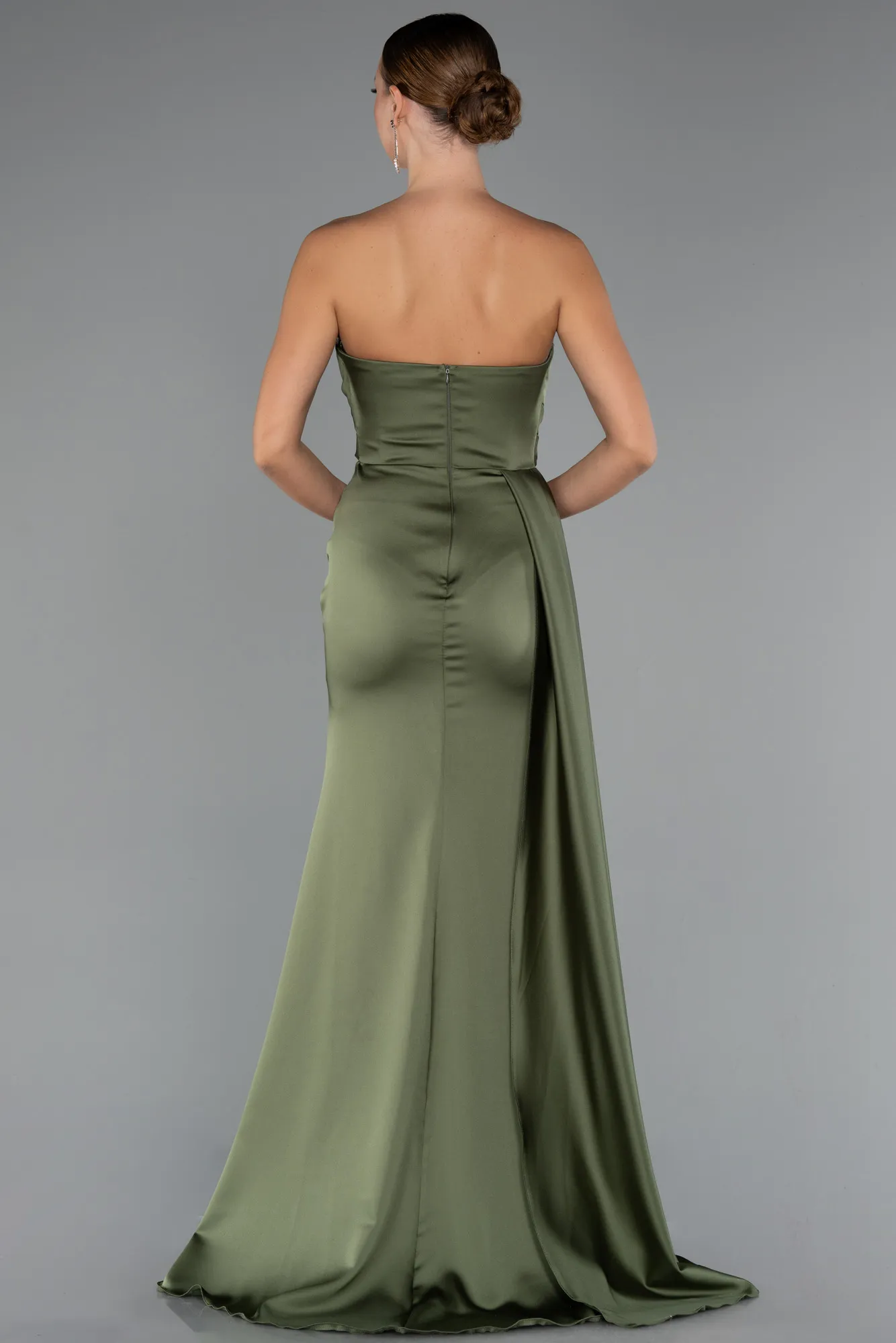Olive Drab-Strapless Side Slit Satin Evening Gown ABU4841