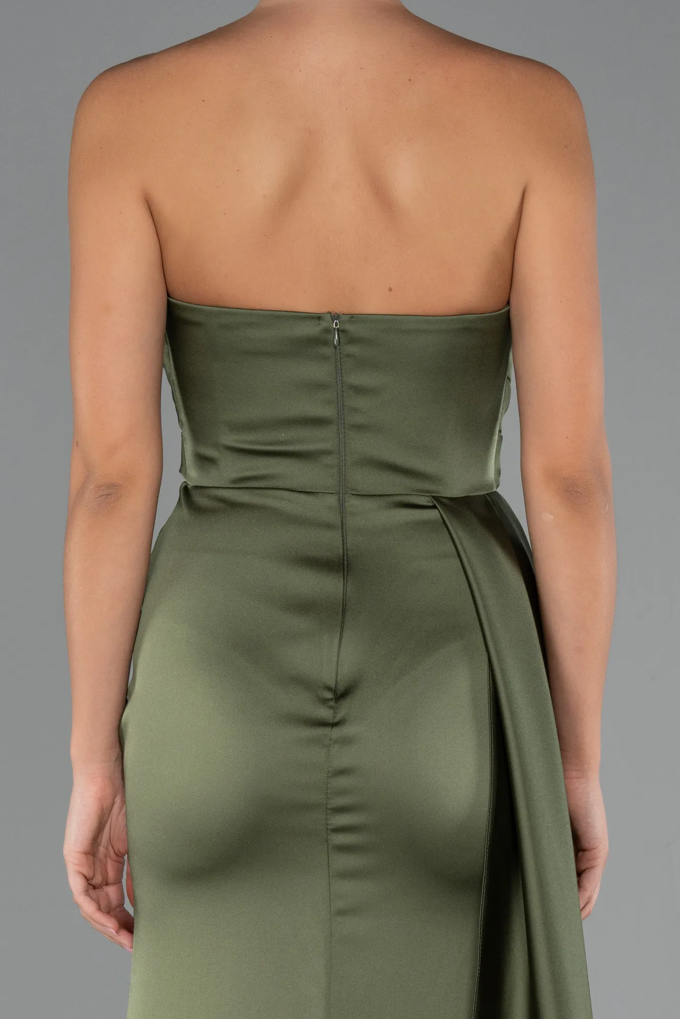 Olive Drab-Strapless Side Slit Satin Evening Gown ABU4841