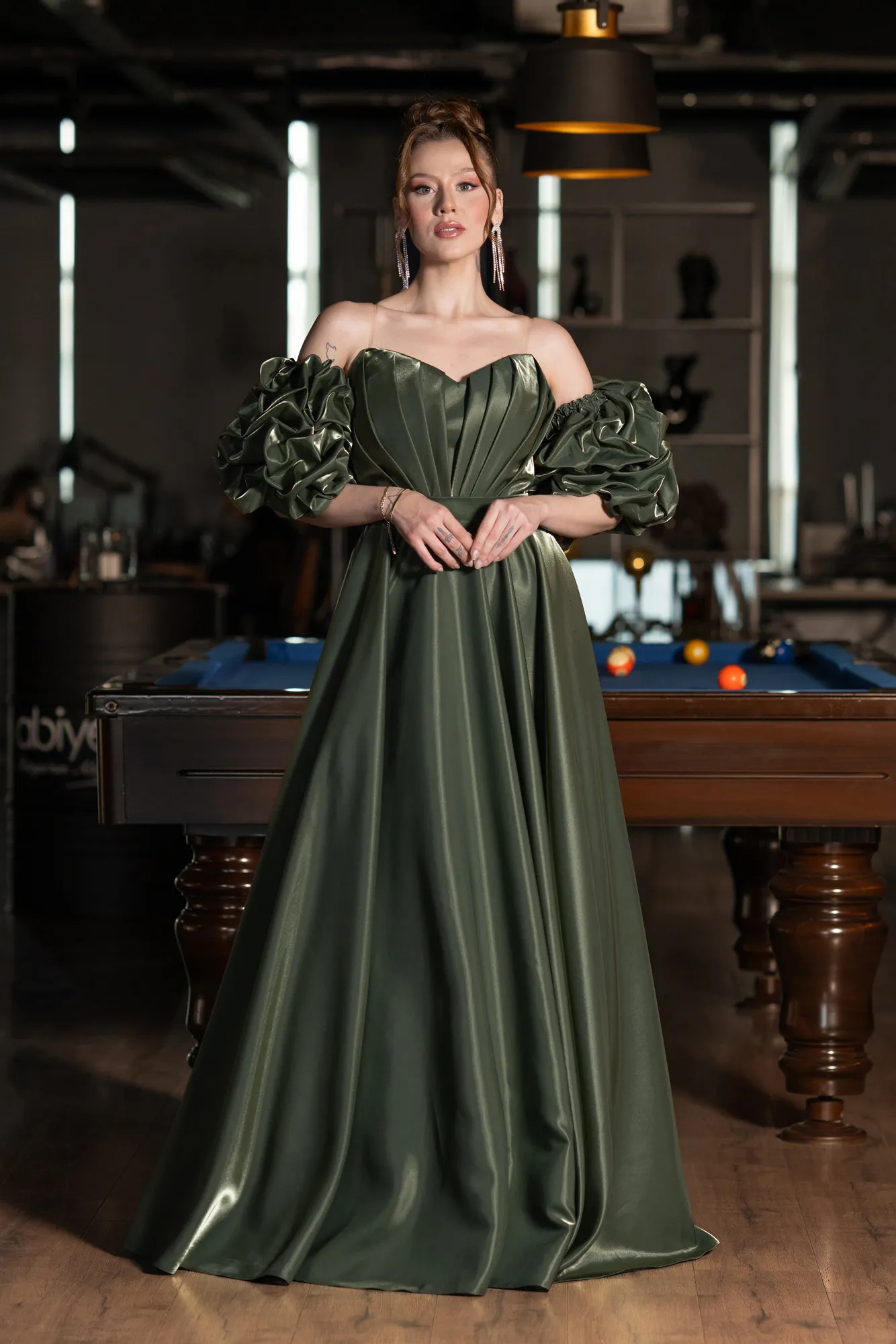 Olive Drab-Strapless Sleeve Accessorized Long Taffeta Prom Dress ABU4845