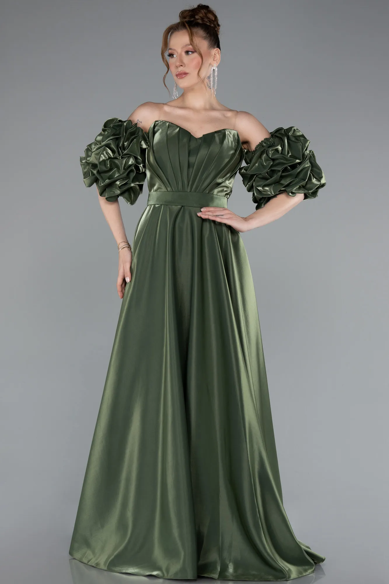 Olive Drab-Strapless Sleeve Accessorized Long Taffeta Prom Dress ABU4845