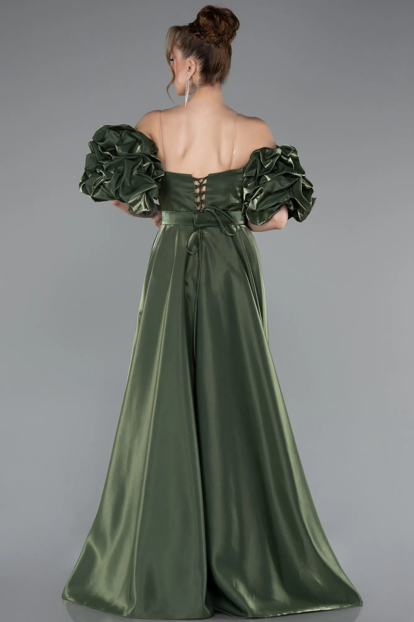 Olive Drab-Strapless Sleeve Accessorized Long Taffeta Prom Dress ABU4845