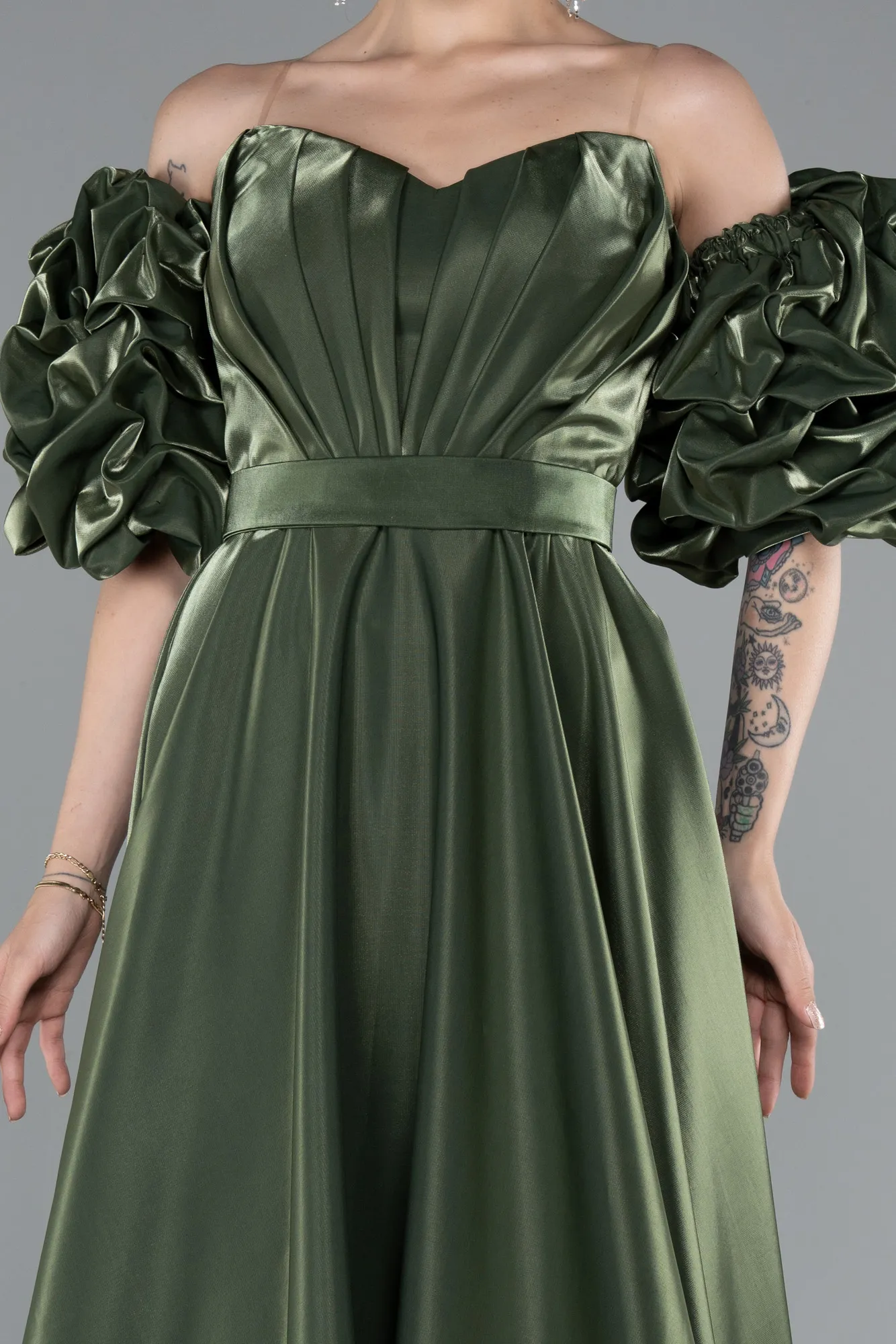 Olive Drab-Strapless Sleeve Accessorized Long Taffeta Prom Dress ABU4845