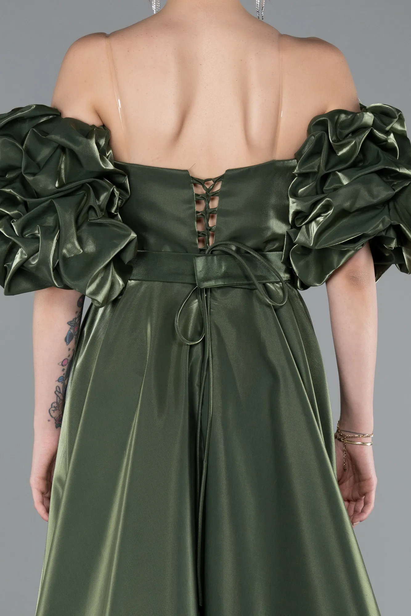 Olive Drab-Strapless Sleeve Accessorized Long Taffeta Prom Dress ABU4845