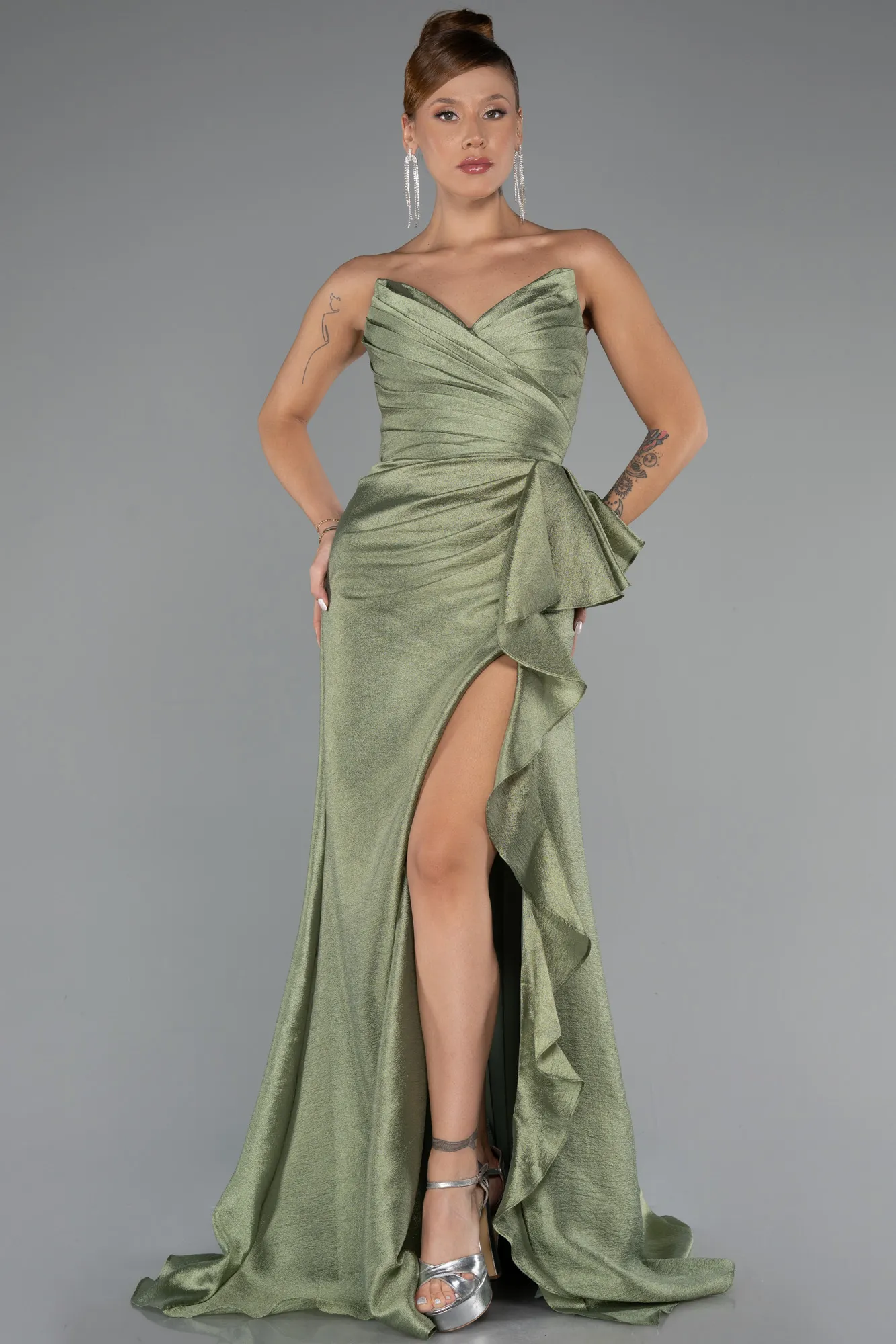 Olive Drab-Strapless Slit Long Evening Gown ABU4724