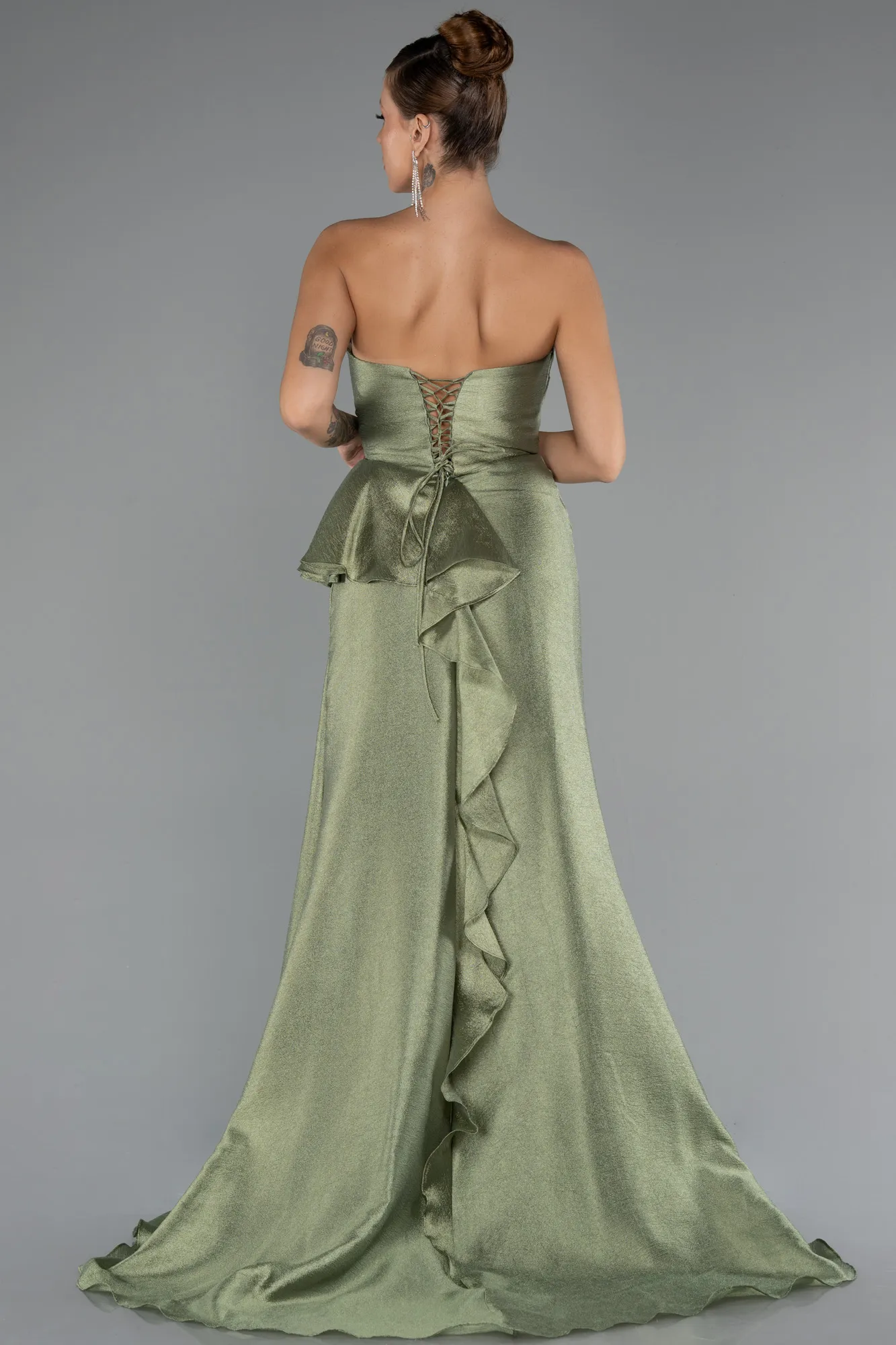 Olive Drab-Strapless Slit Long Evening Gown ABU4724