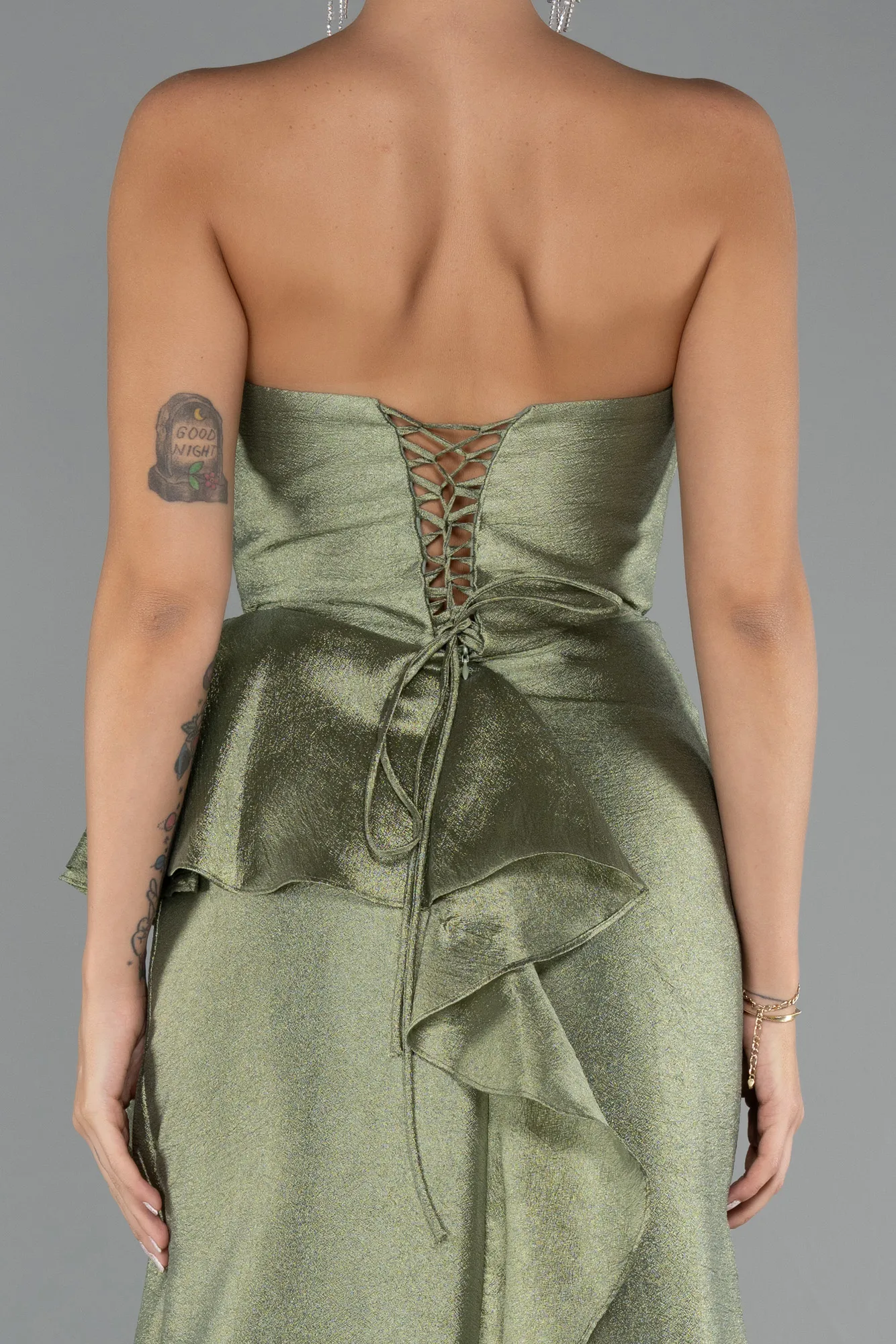 Olive Drab-Strapless Slit Long Evening Gown ABU4724