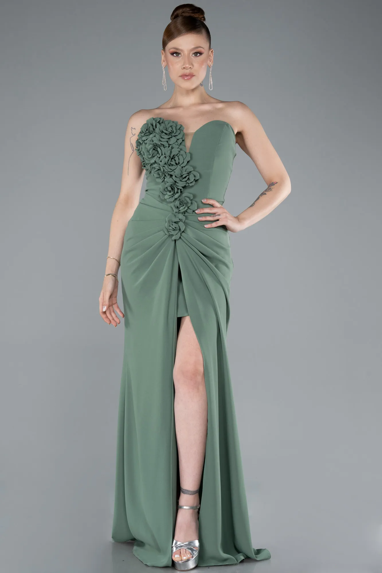 Olive Drab-Strapless Slit Long Prom Gown ABU4213