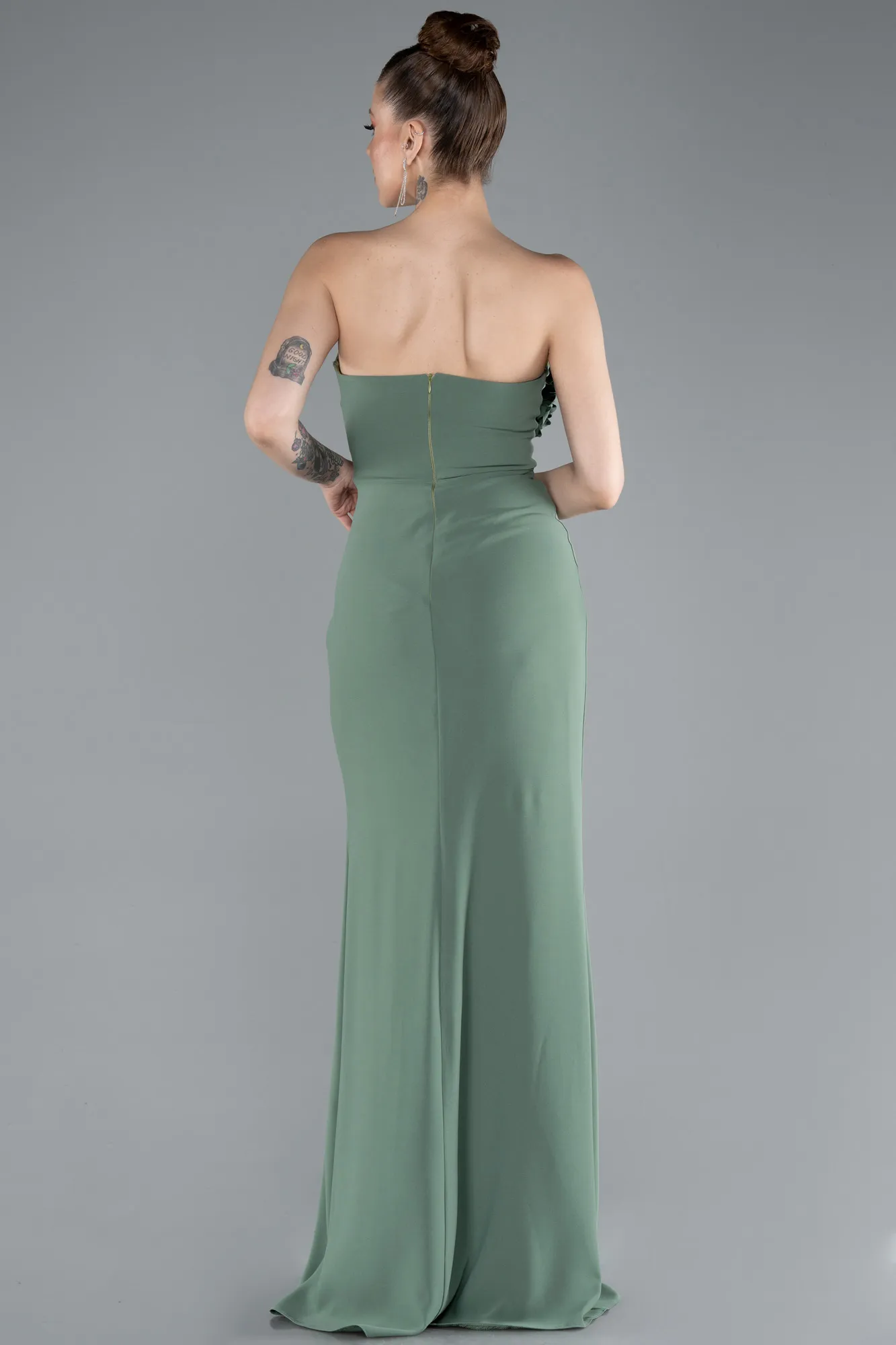 Olive Drab-Strapless Slit Long Prom Gown ABU4213