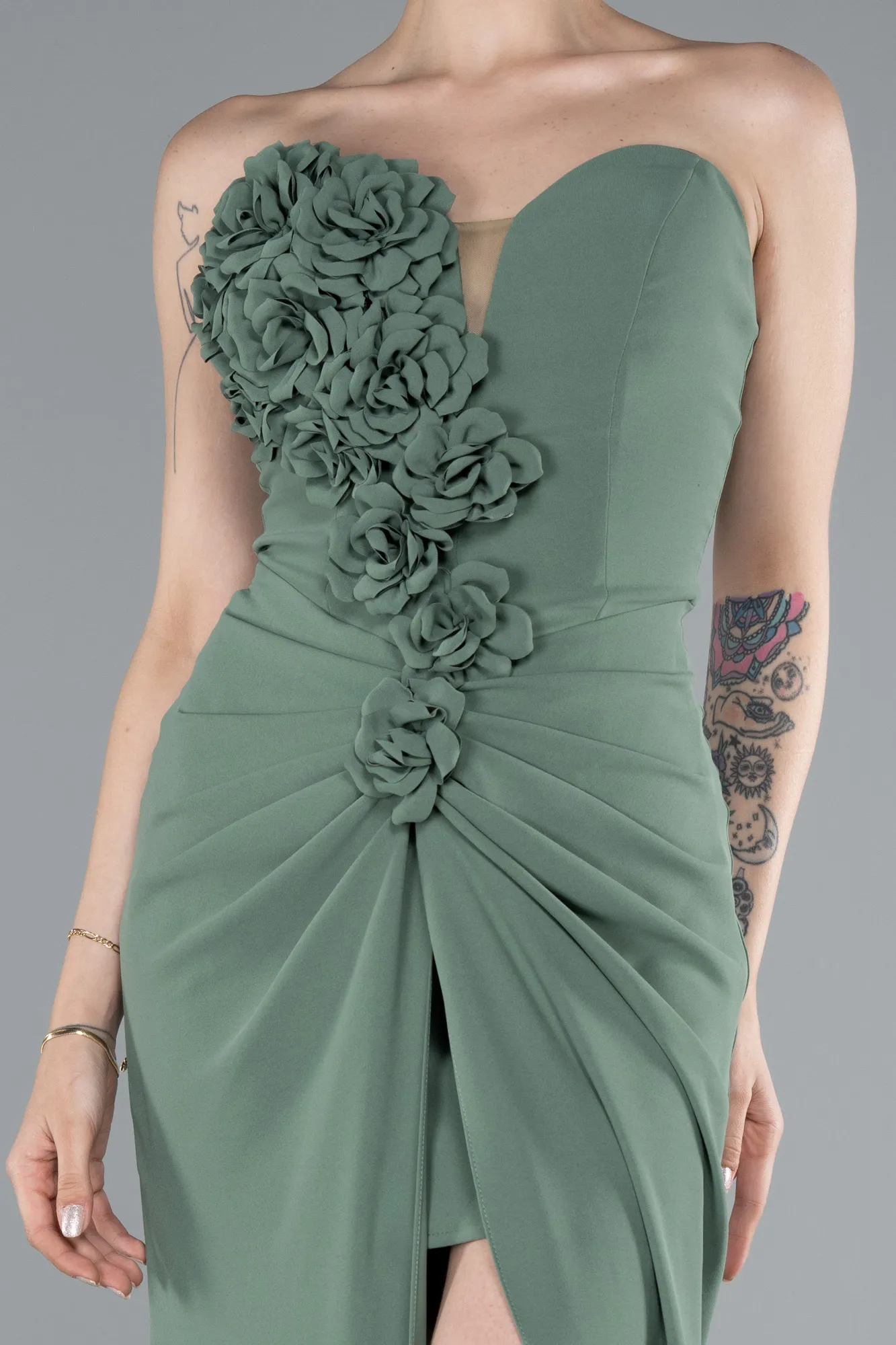 Olive Drab-Strapless Slit Long Prom Gown ABU4213