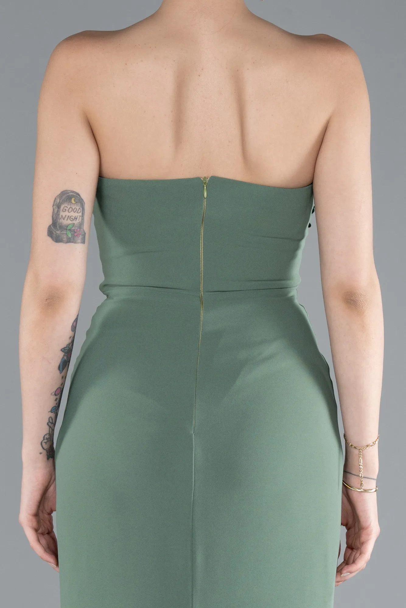 Olive Drab-Strapless Slit Long Prom Gown ABU4213