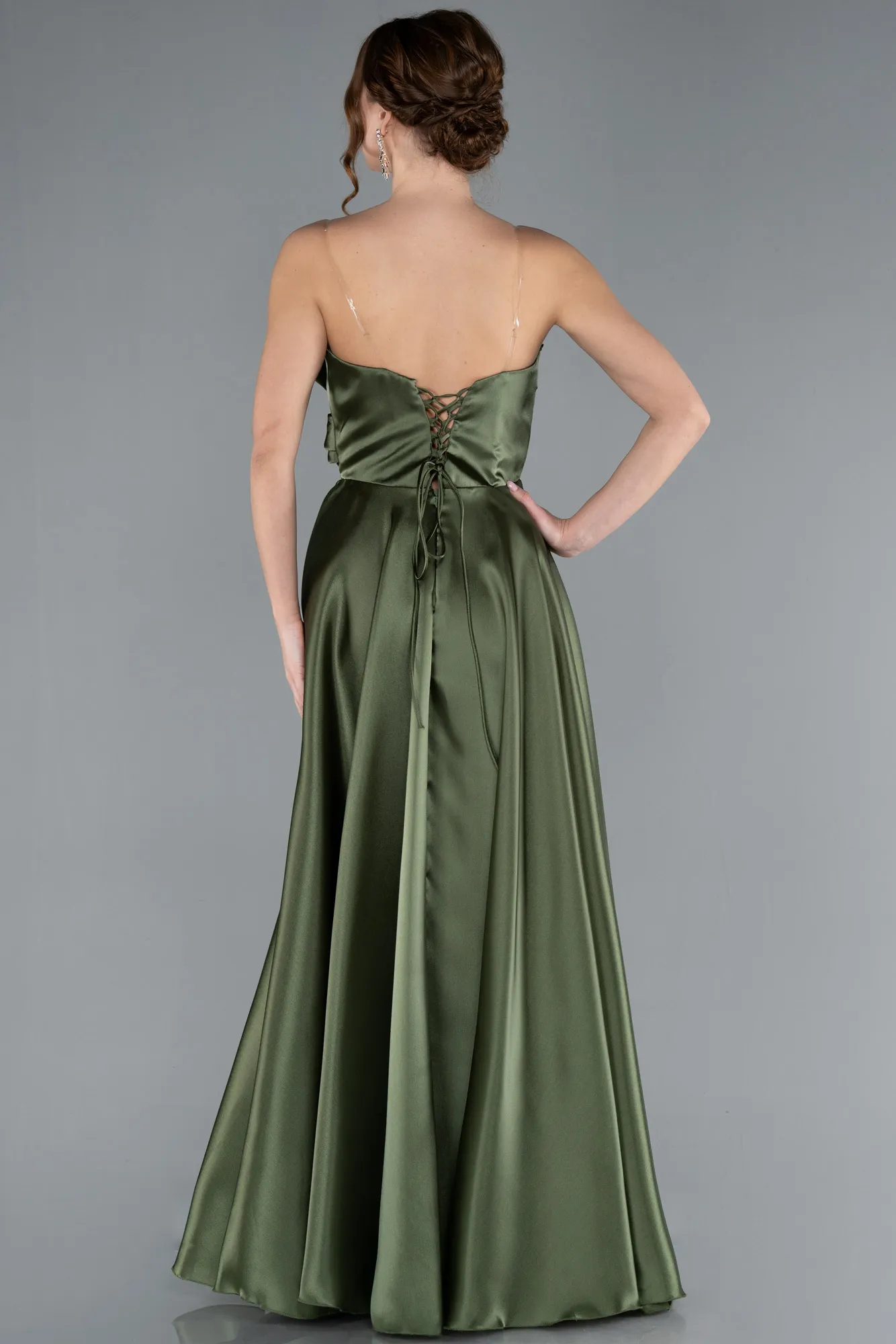 Olive Drab-Strapless Slit Long Satin Prom Dress ABU4680