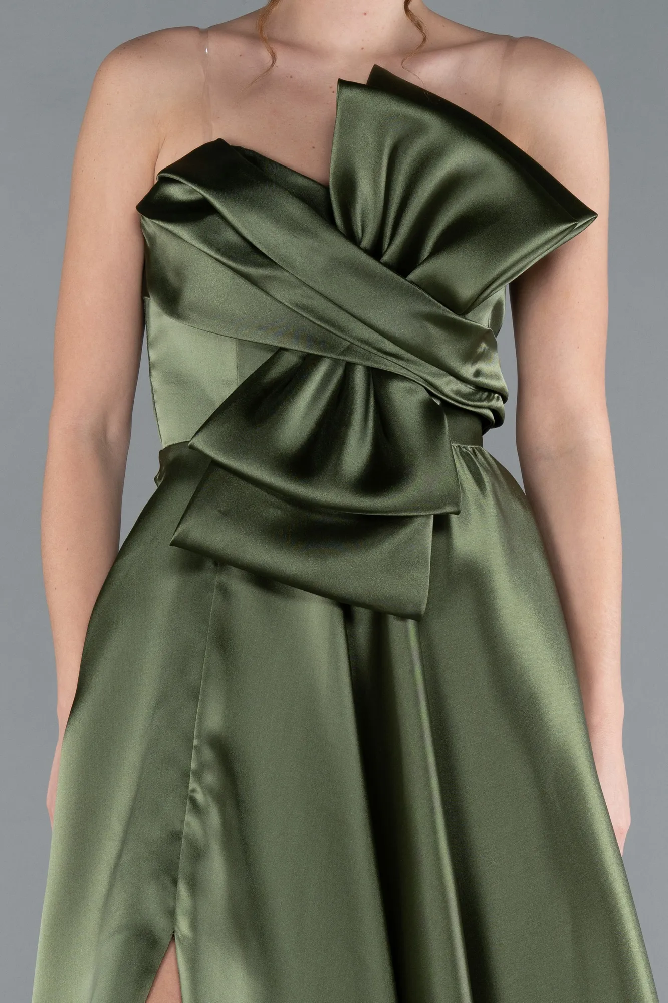 Olive Drab-Strapless Slit Long Satin Prom Dress ABU4680