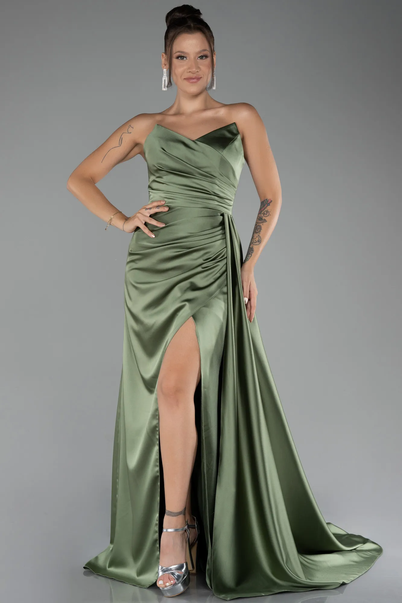 Olive Drab-Strapless Slit Long Satin Prom Gown ABU4093