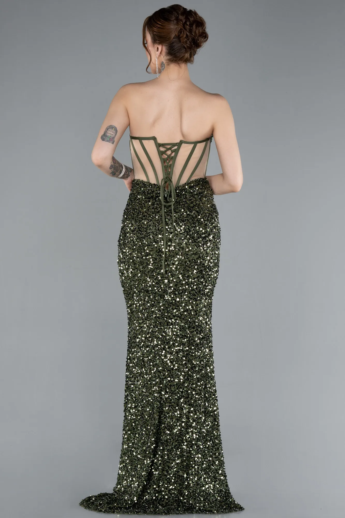 Olive Drab-Strapless Slit Long Scaly Mermaid Prom Dress ABU4790