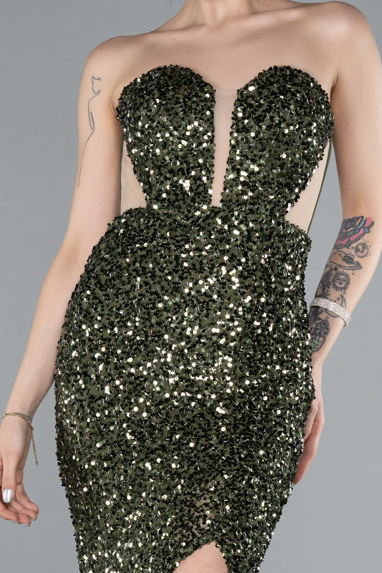 Olive Drab-Strapless Slit Long Scaly Mermaid Prom Dress ABU4790