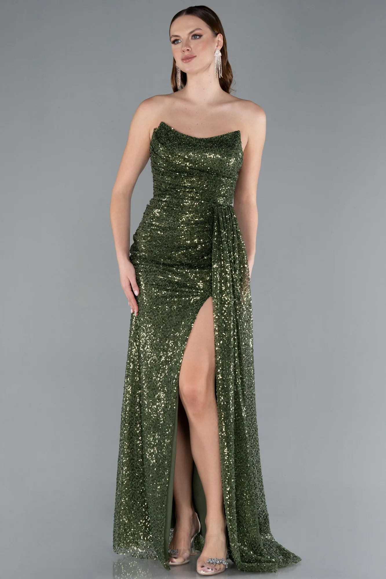 Olive Drab-Strapless Slit Long Sequined Evening Gown ABU4776