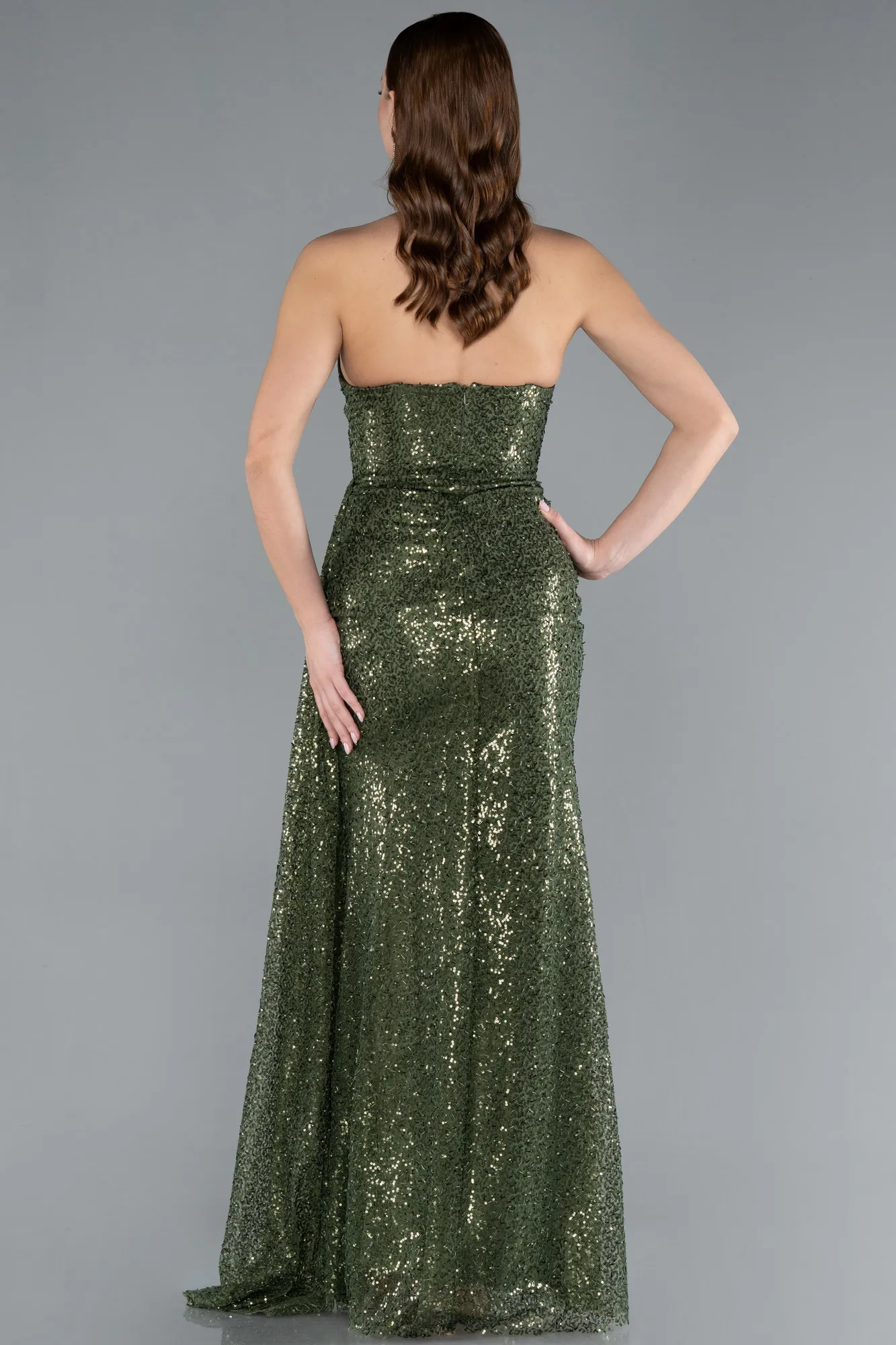 Olive Drab-Strapless Slit Long Sequined Evening Gown ABU4776