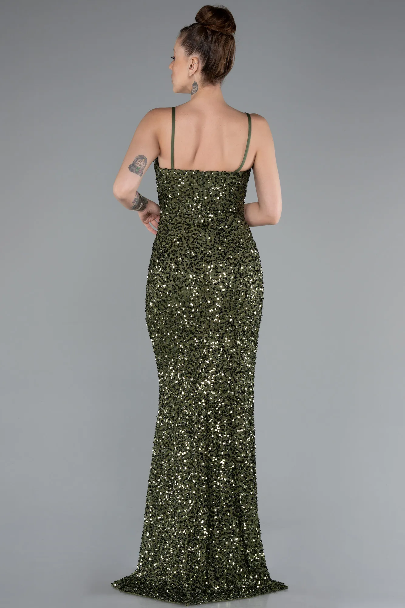 Olive Drab-Strapless Underwire Slit Long Sequin Evening Gown ABU4842