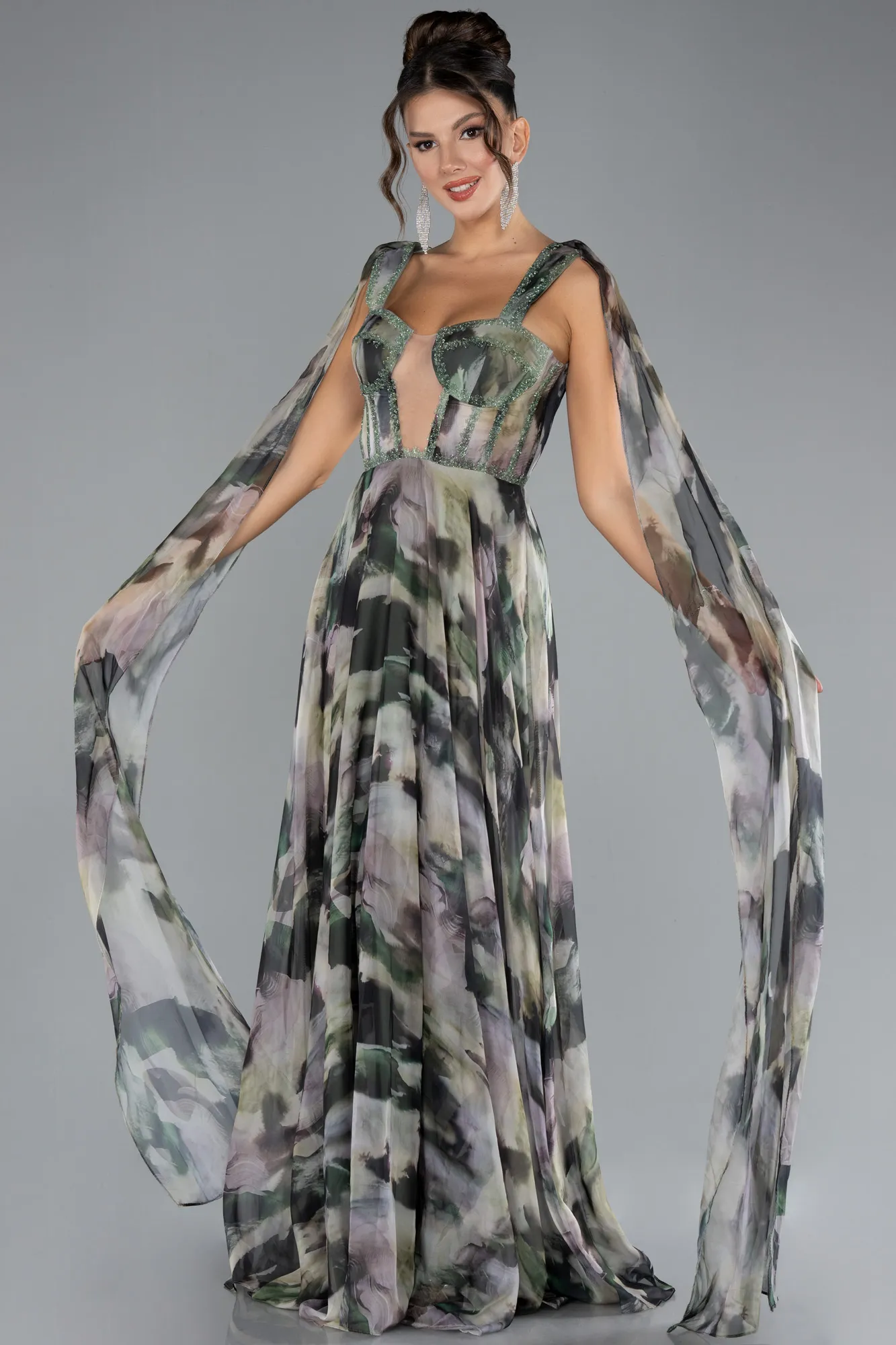 Olive Drab-Strappy Long Patterned Prom Dress ABU4326