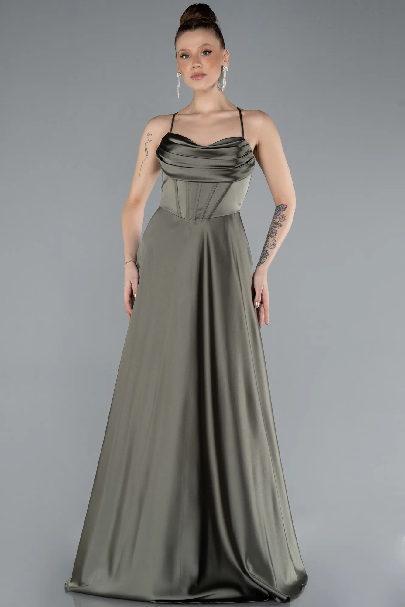 Olive Drab-Strappy Long Satin Prom Dress ABU4684