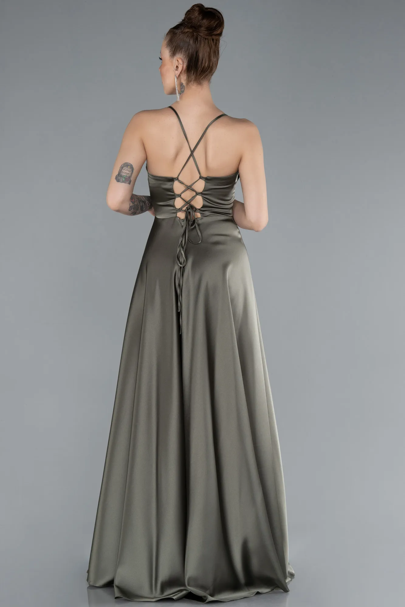 Olive Drab-Strappy Long Satin Prom Dress ABU4684