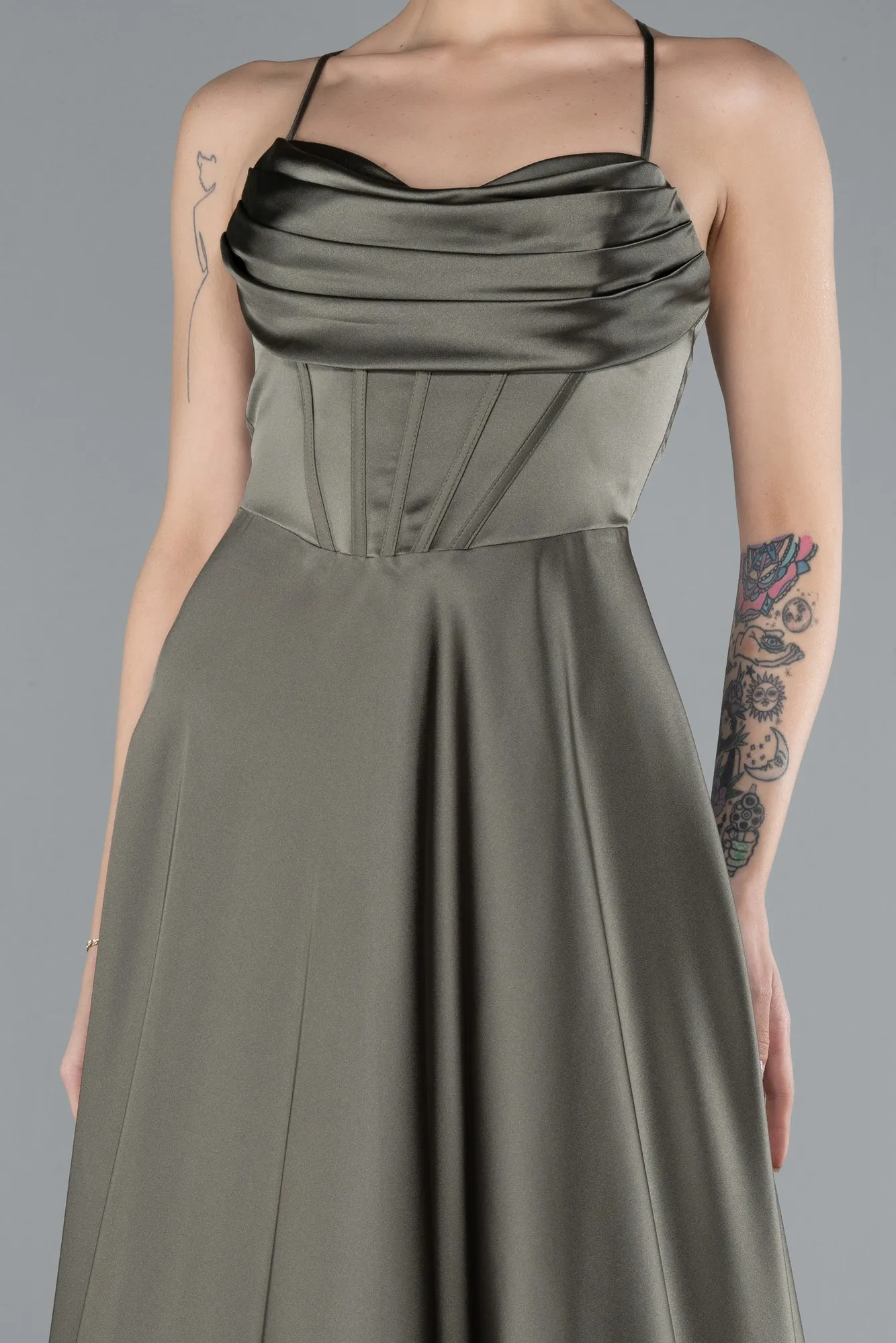 Olive Drab-Strappy Long Satin Prom Dress ABU4684