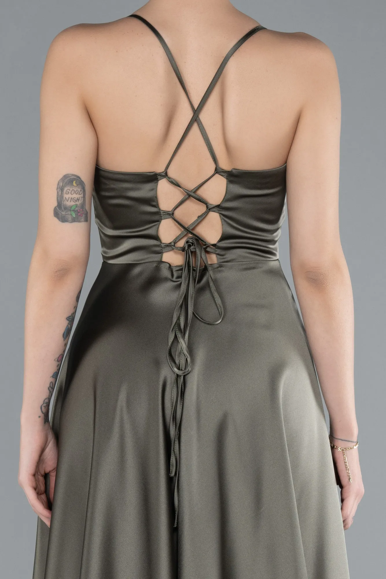Olive Drab-Strappy Long Satin Prom Dress ABU4684