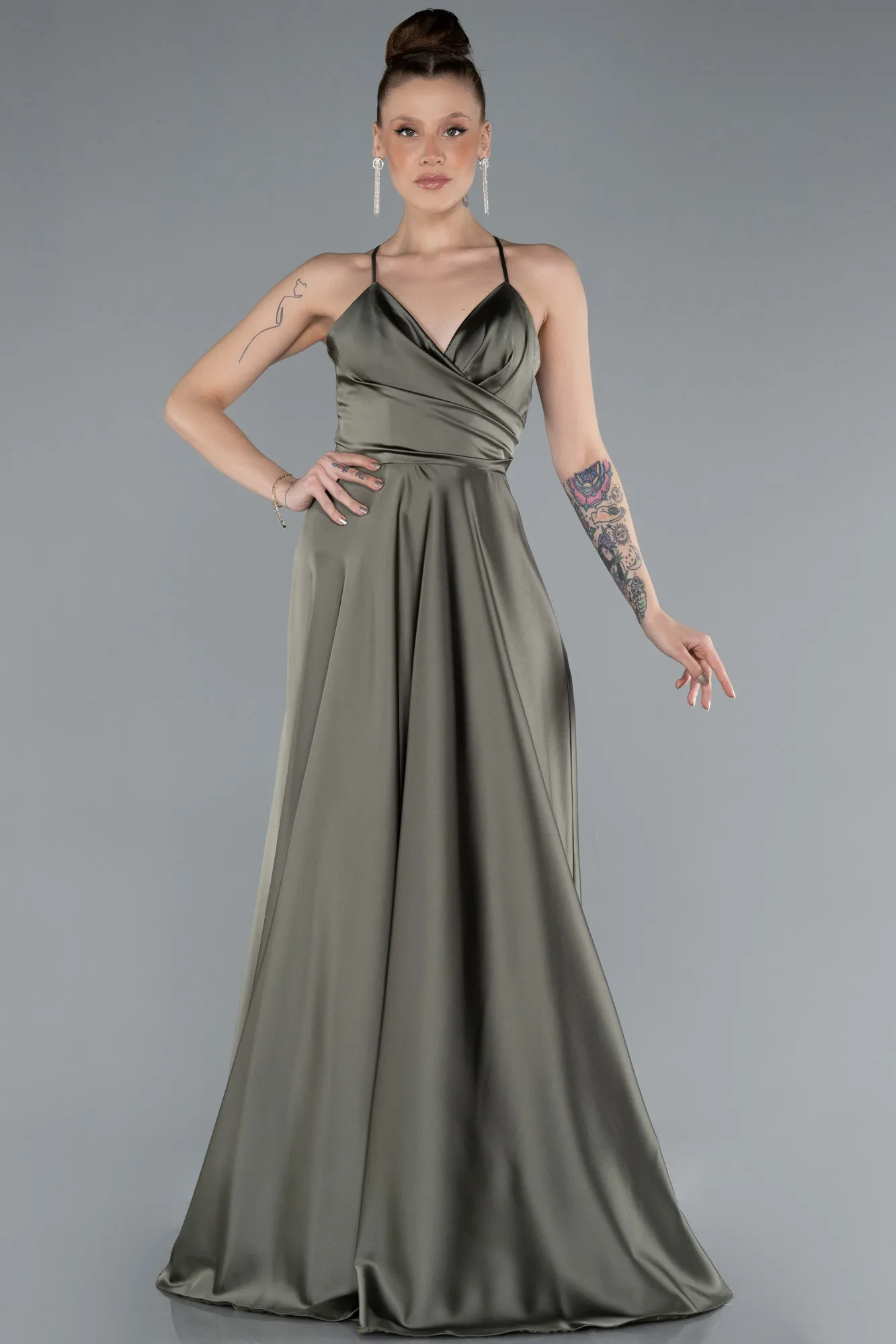 Olive Drab-Strappy Long Satin Prom Gown ABU3610