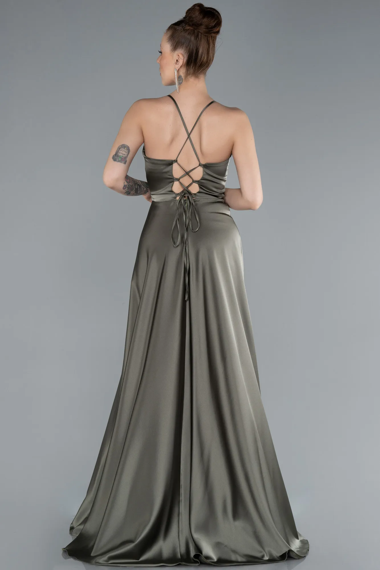 Olive Drab-Strappy Long Satin Prom Gown ABU3610