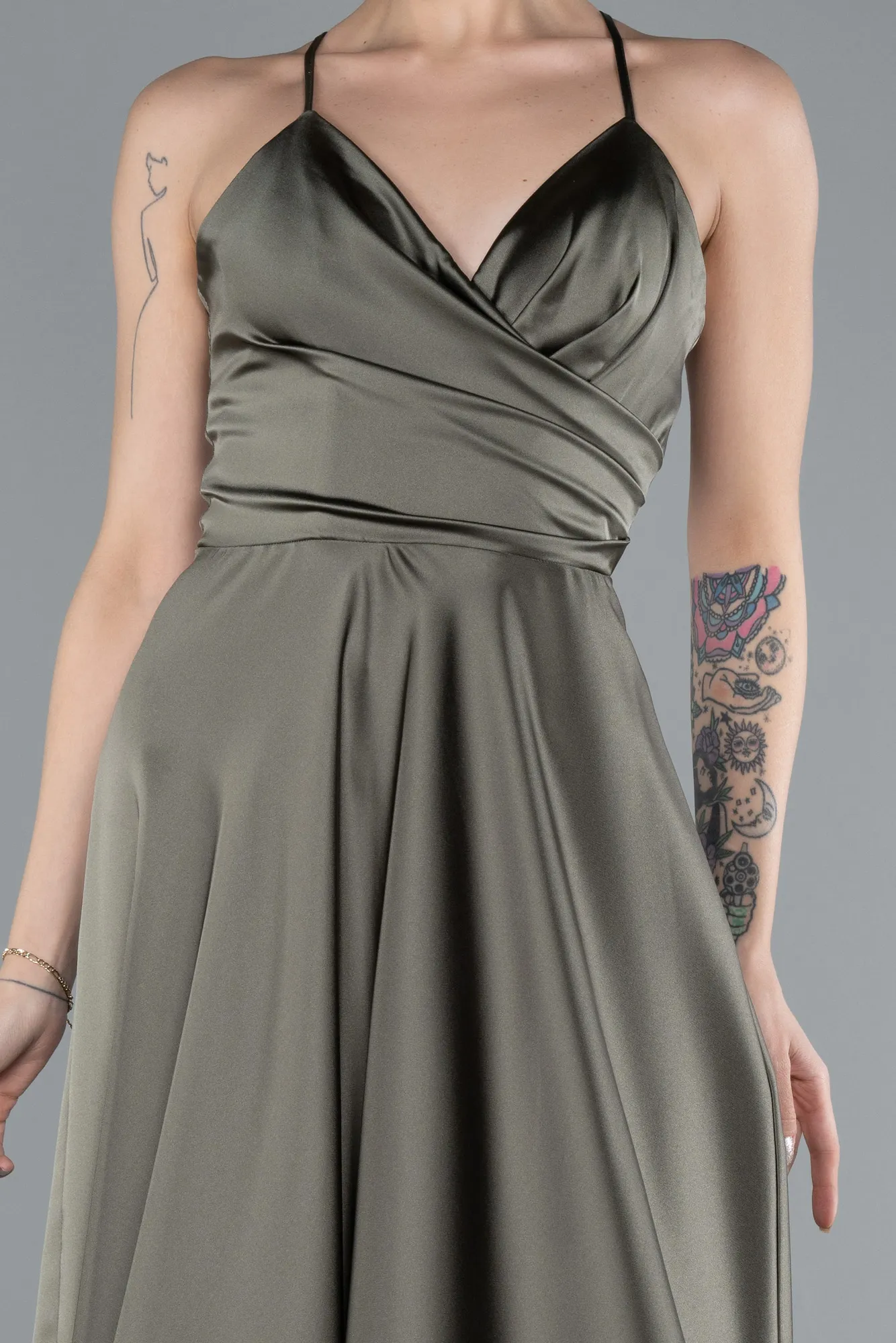 Olive Drab-Strappy Long Satin Prom Gown ABU3610