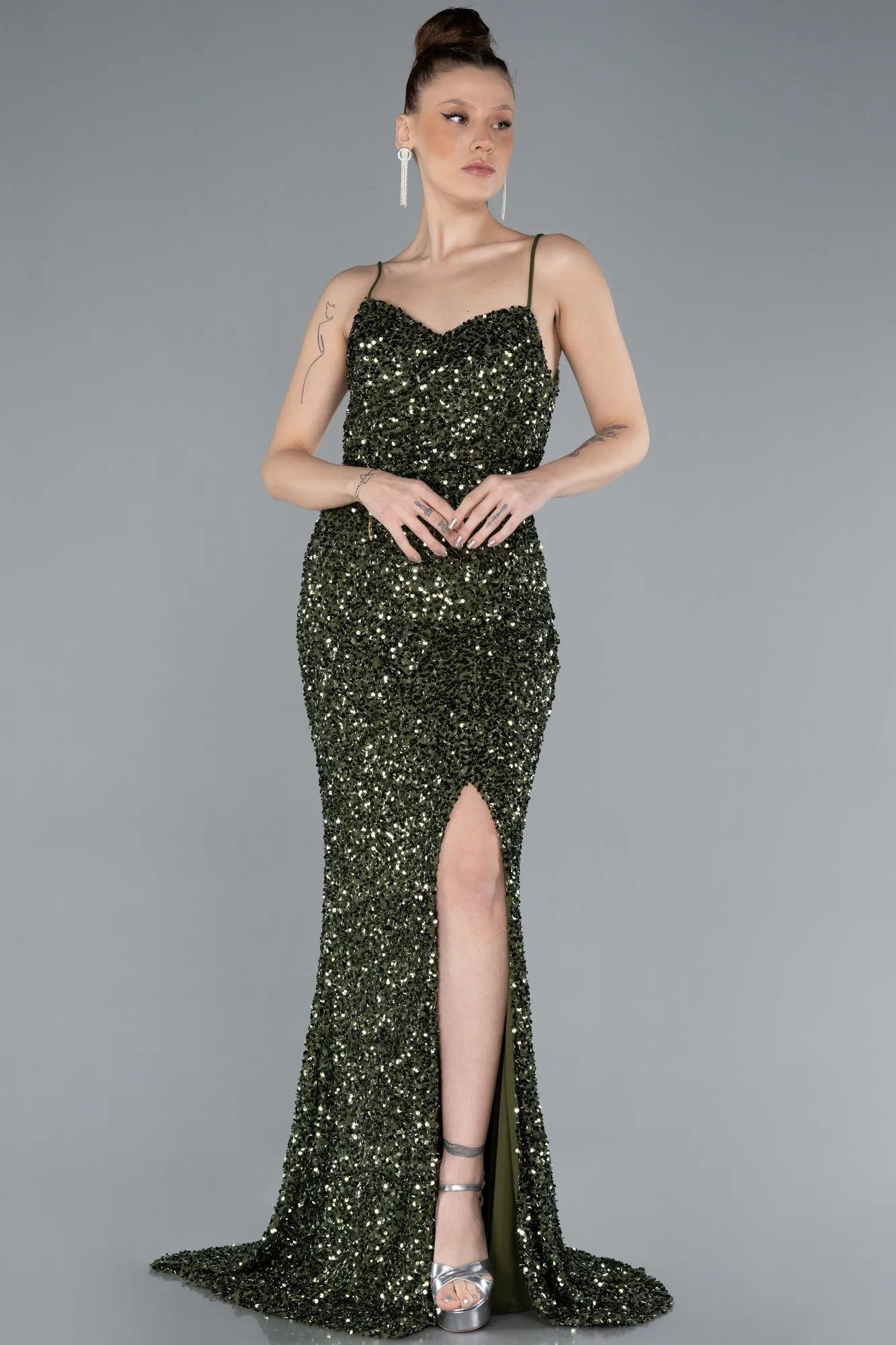 Olive Drab-Strappy Sequin Slit Evening Gown ABU4681