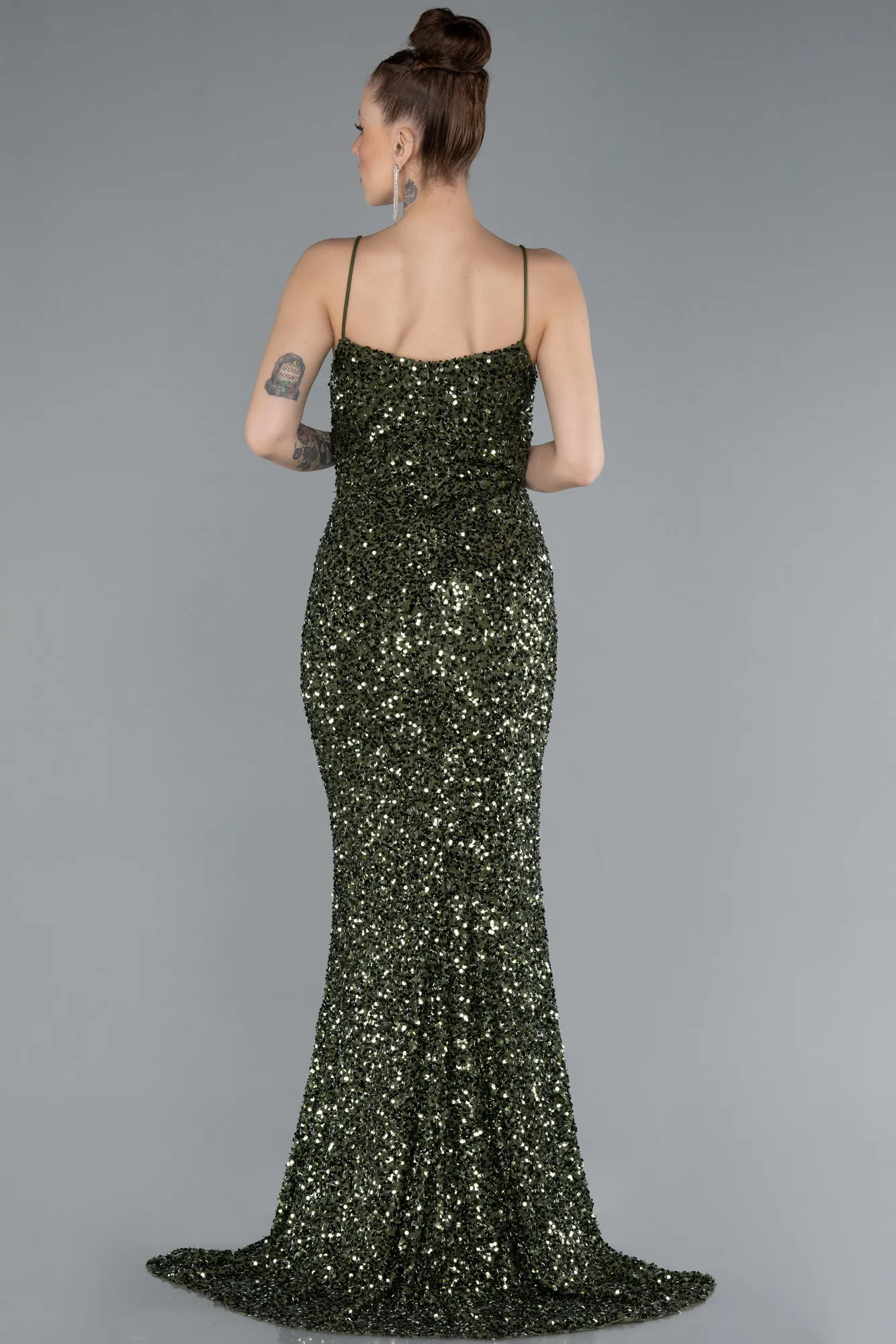 Olive Drab-Strappy Sequin Slit Evening Gown ABU4681