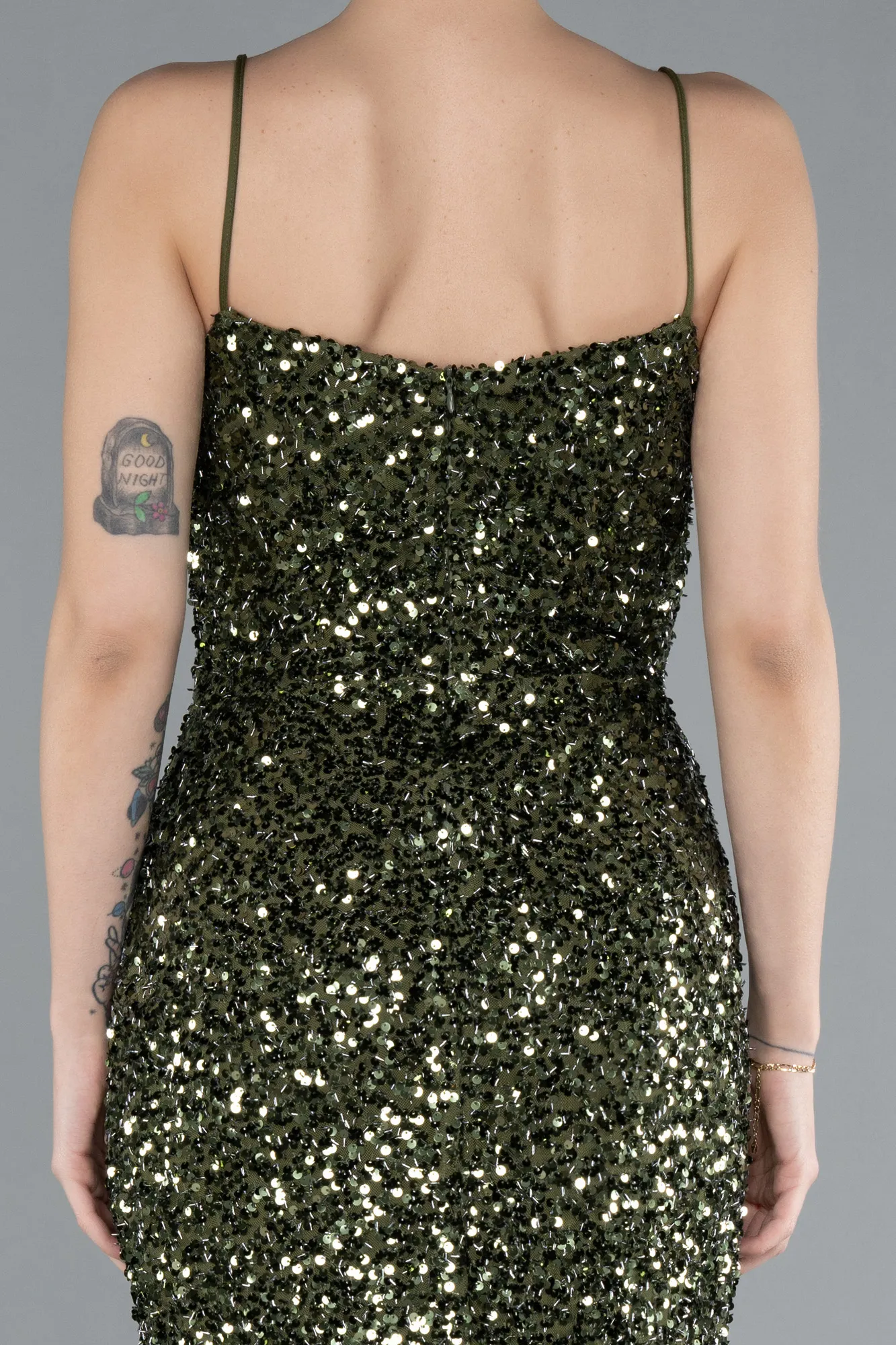 Olive Drab-Strappy Sequin Slit Evening Gown ABU4681