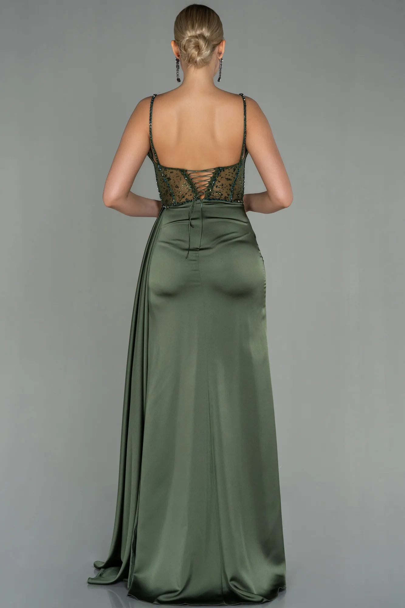 Olive Drab-Transparent Slit Long Satin Evening Gown ABU3030