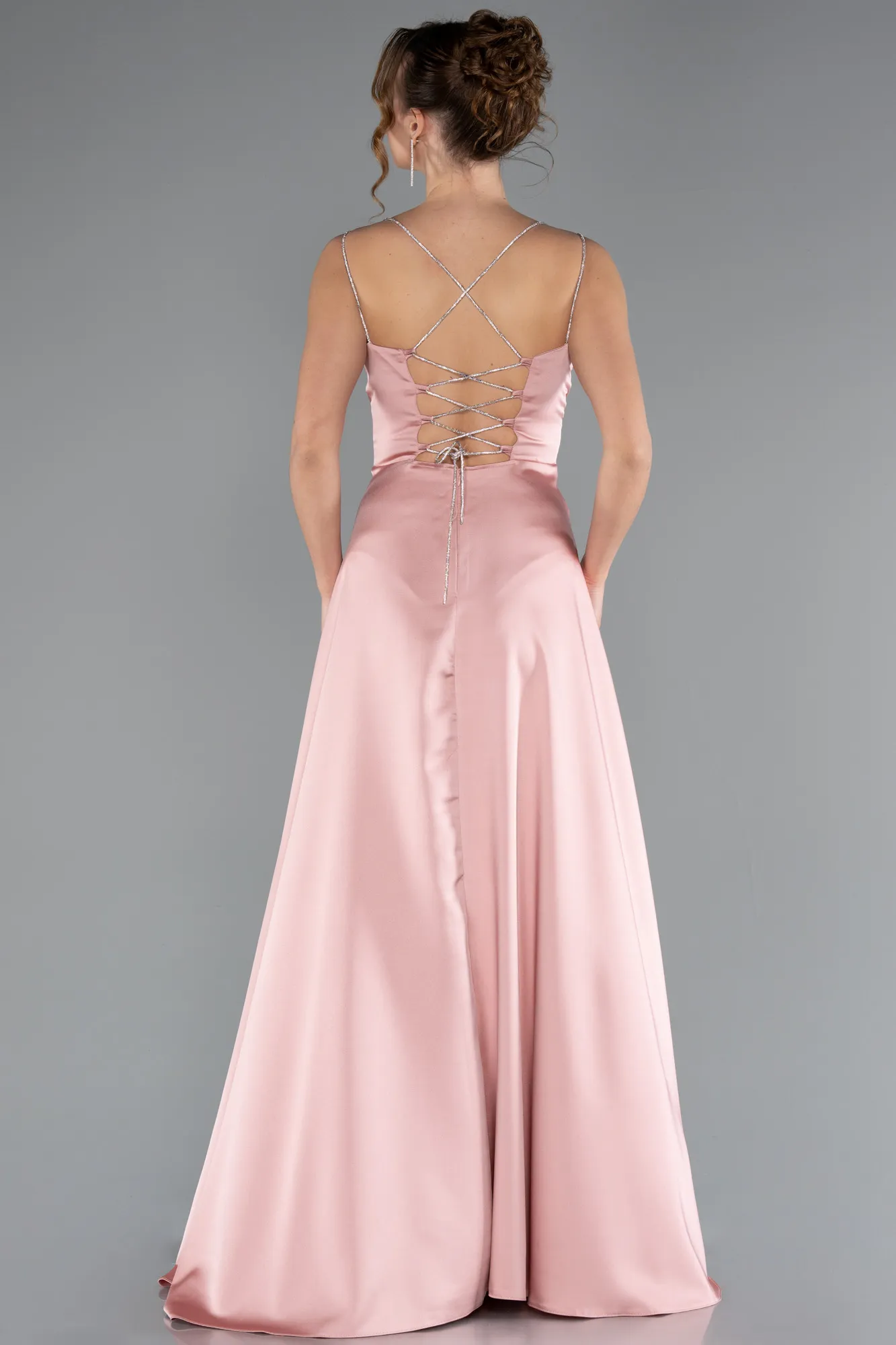 Onion Skin-Low Cut Back Long Satin Prom Dress ABU4702