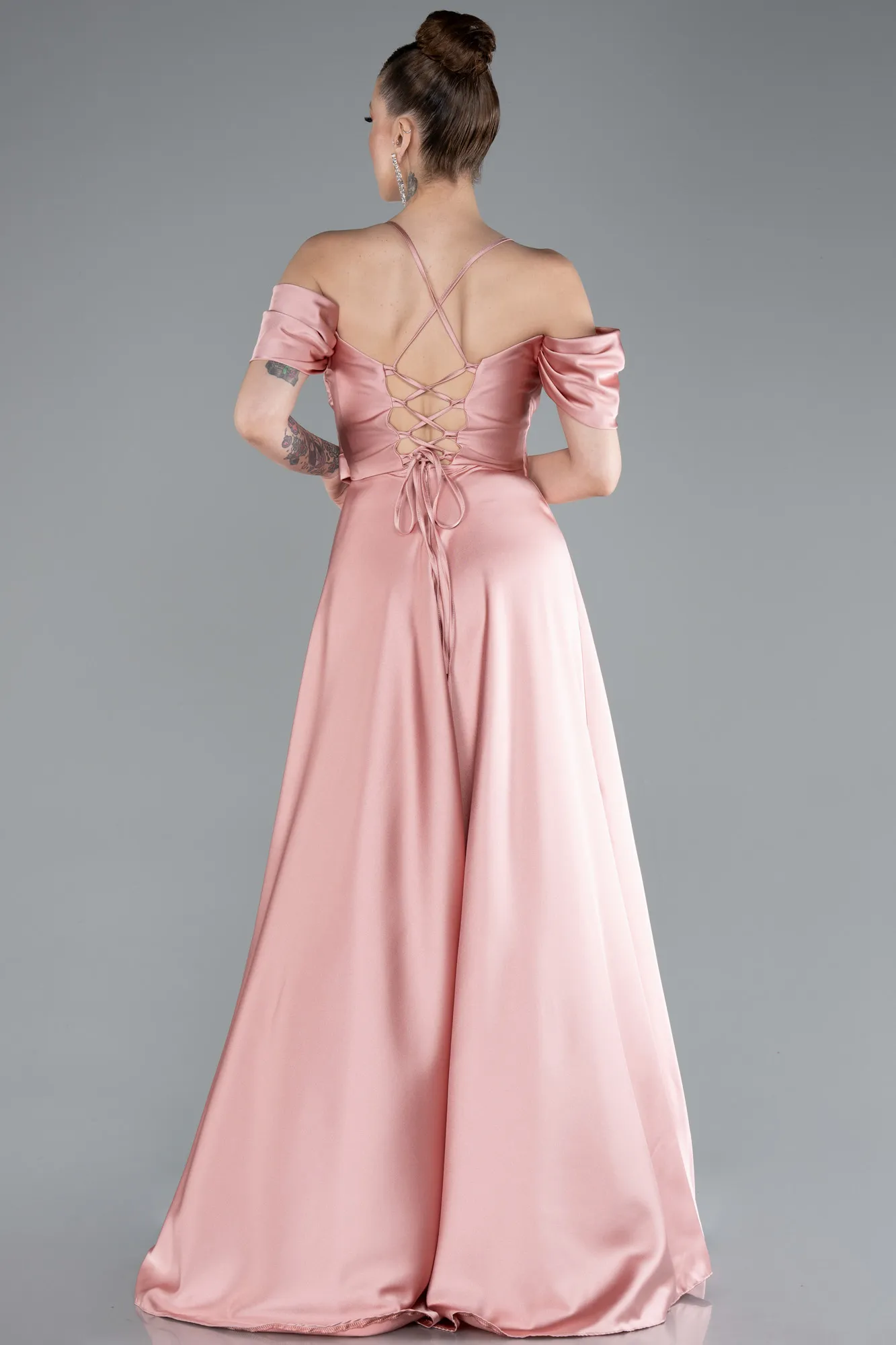 Onion Skin-Off The Shoulder Slit Long Satin Prom Dress ABU4703