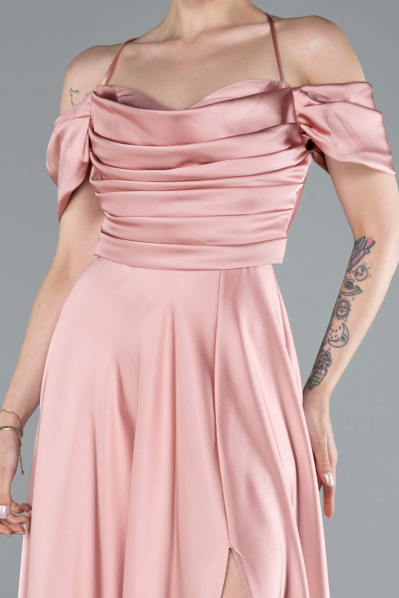 Onion Skin-Off The Shoulder Slit Long Satin Prom Dress ABU4703