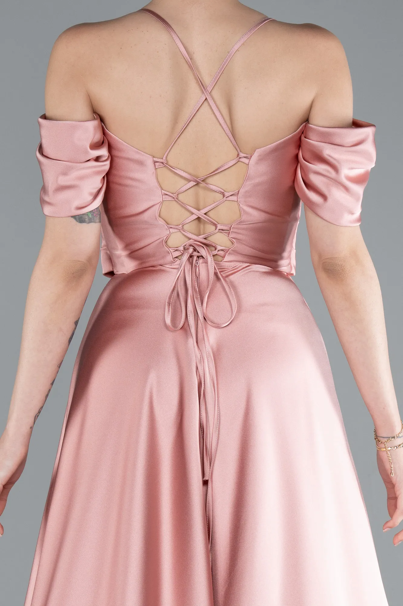 Onion Skin-Off The Shoulder Slit Long Satin Prom Dress ABU4703