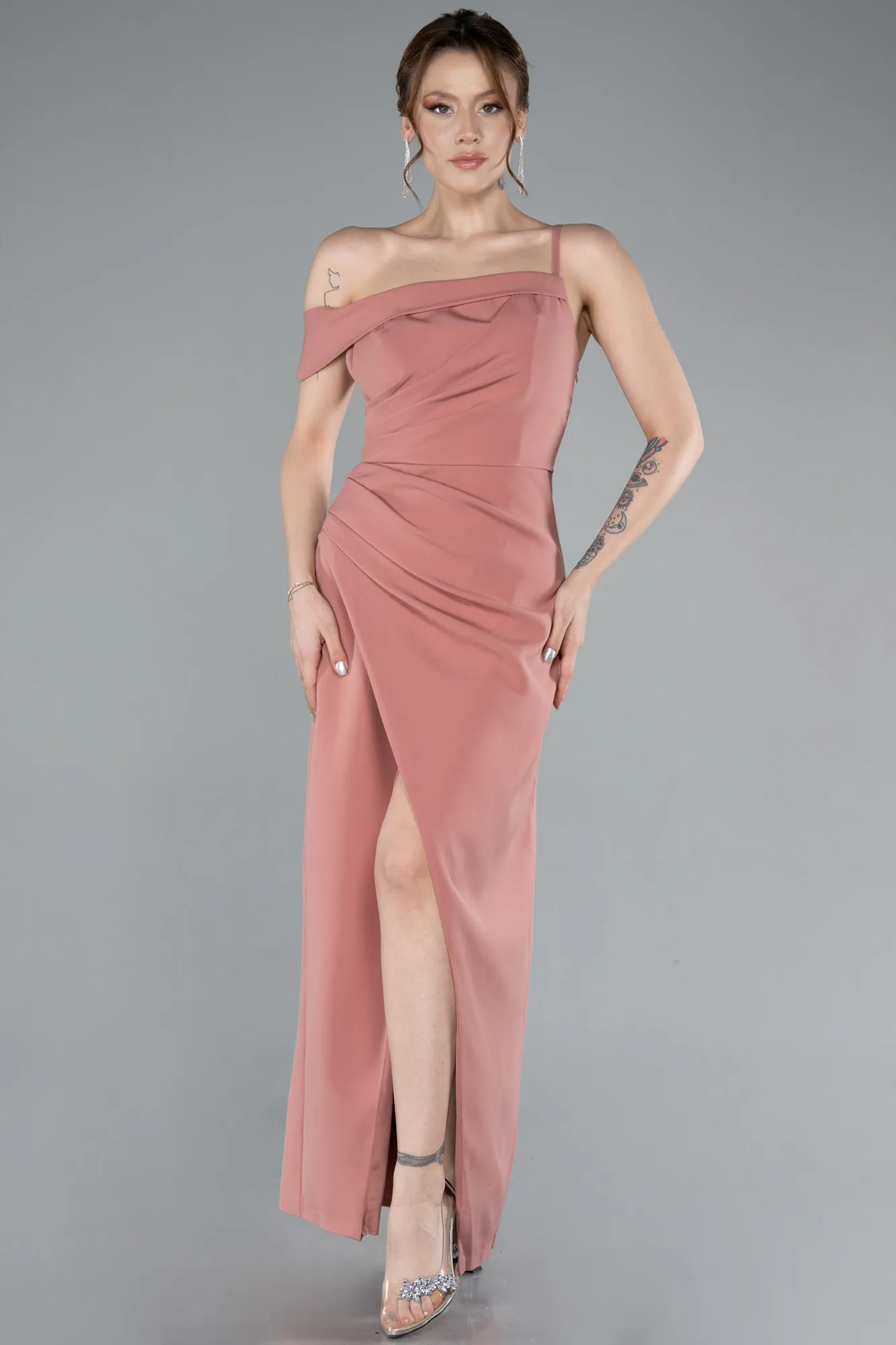 Onion Skin-One Shoulder Slit Midi Cocktail Dress ABK2293