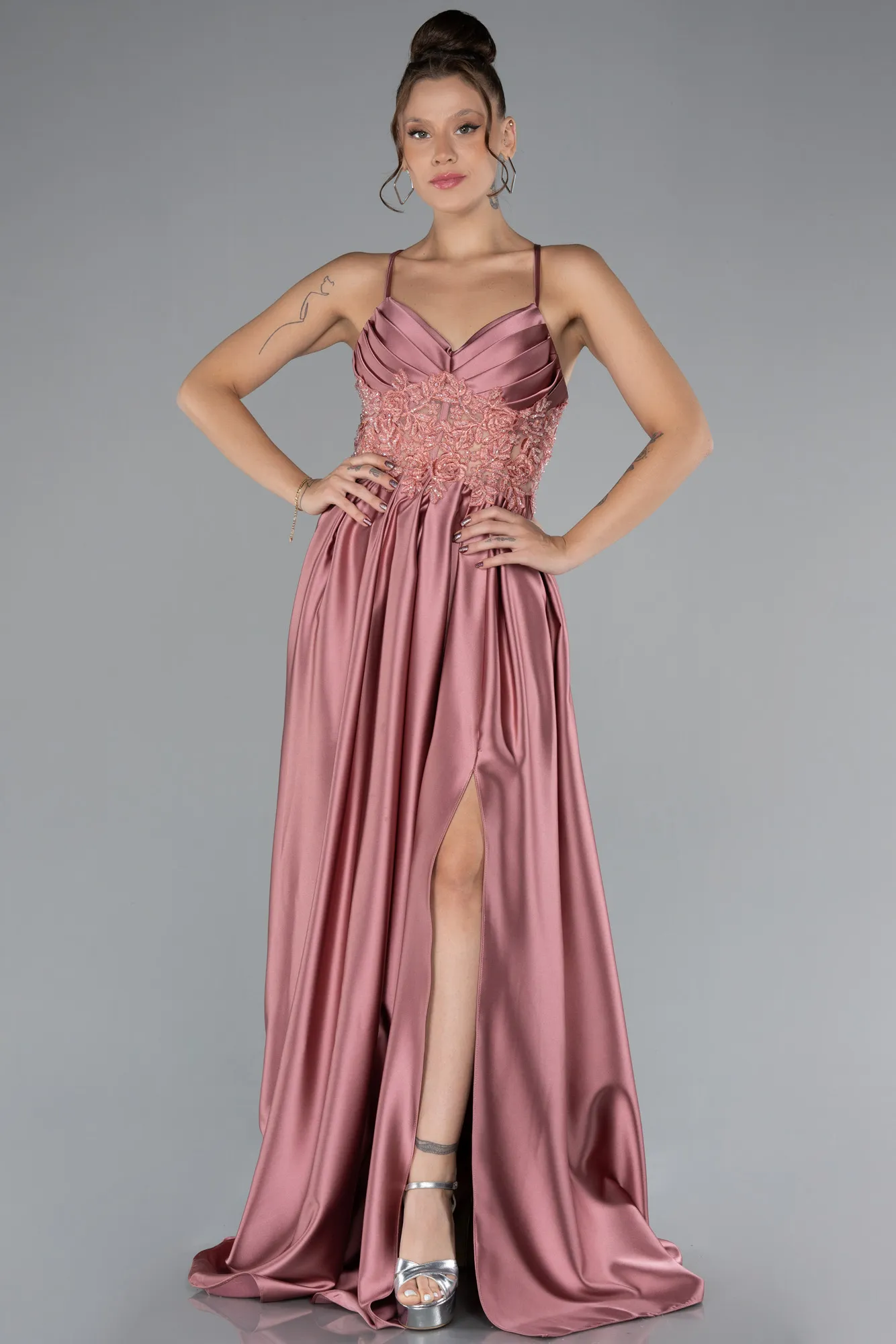 Onion Skin-Srappy Long Satin Prom Gown ABU4133
