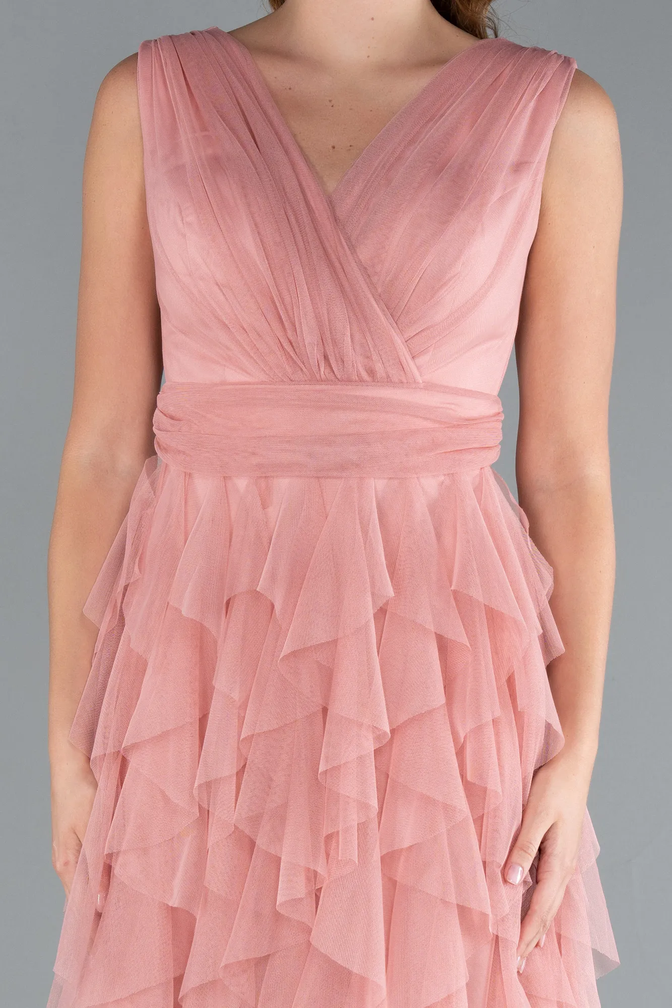 Onion Skin-V Neck Layered Tulle Long Prom Dress ABU4723