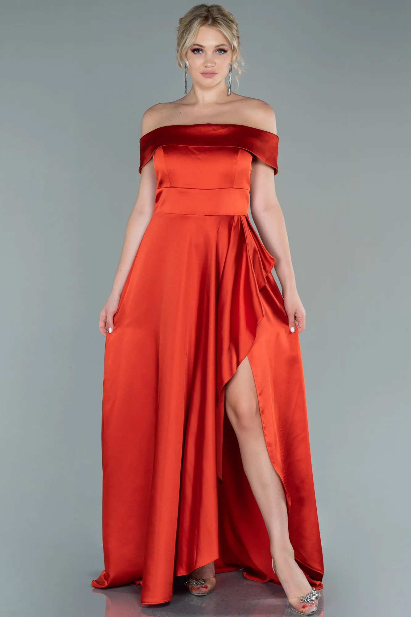 Orange-Boat Neck Slit Long Satin Prom Dress ABU2486
