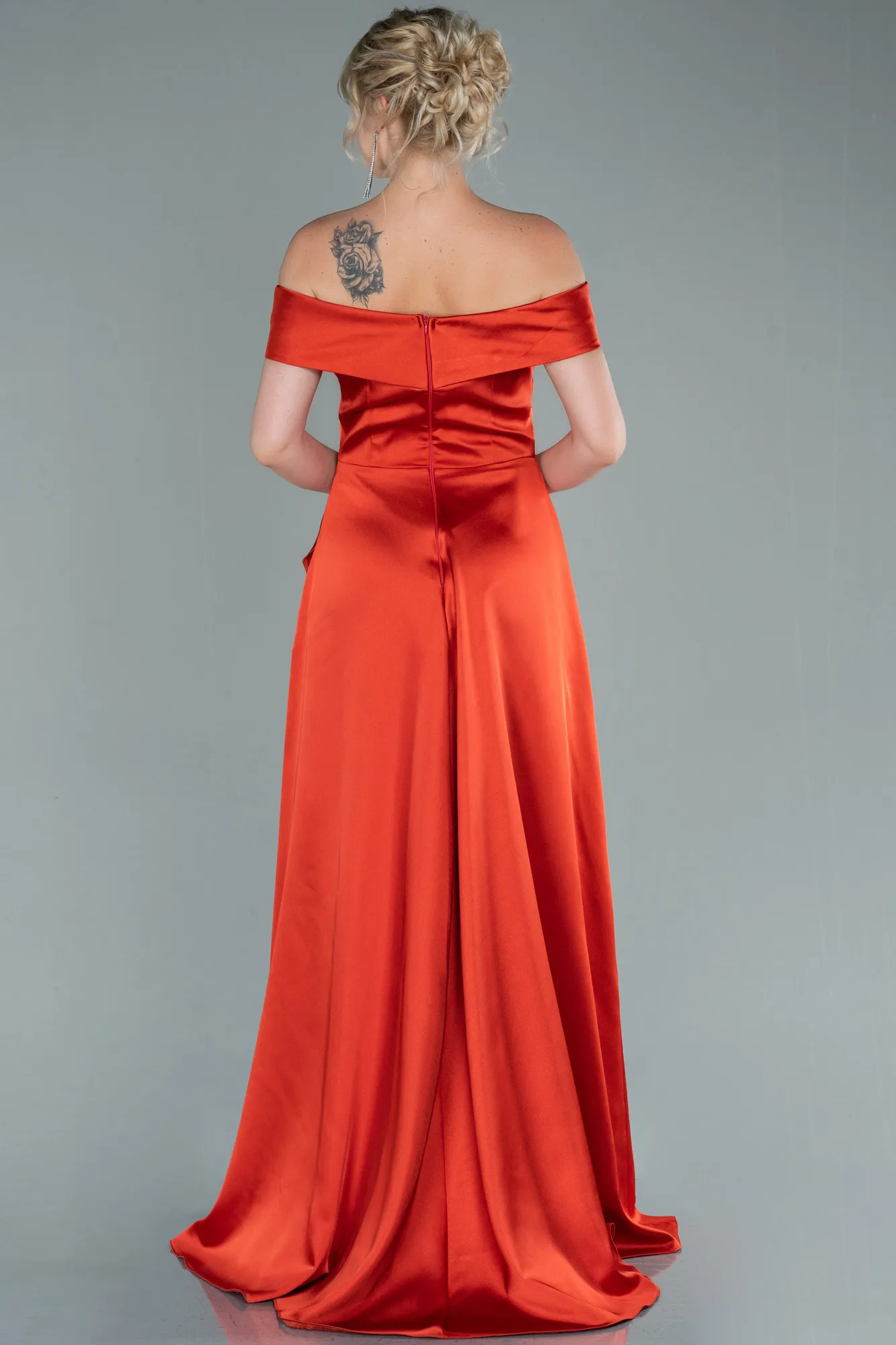 Orange-Boat Neck Slit Long Satin Prom Dress ABU2486