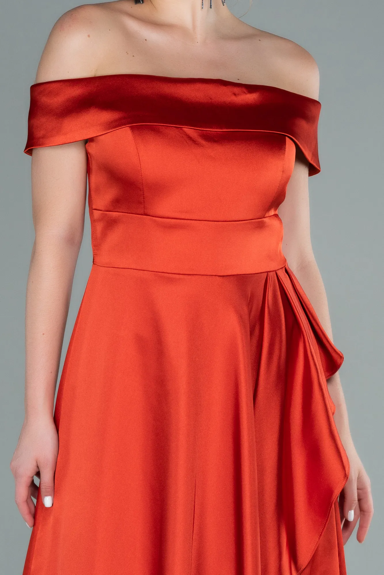 Orange-Boat Neck Slit Long Satin Prom Dress ABU2486