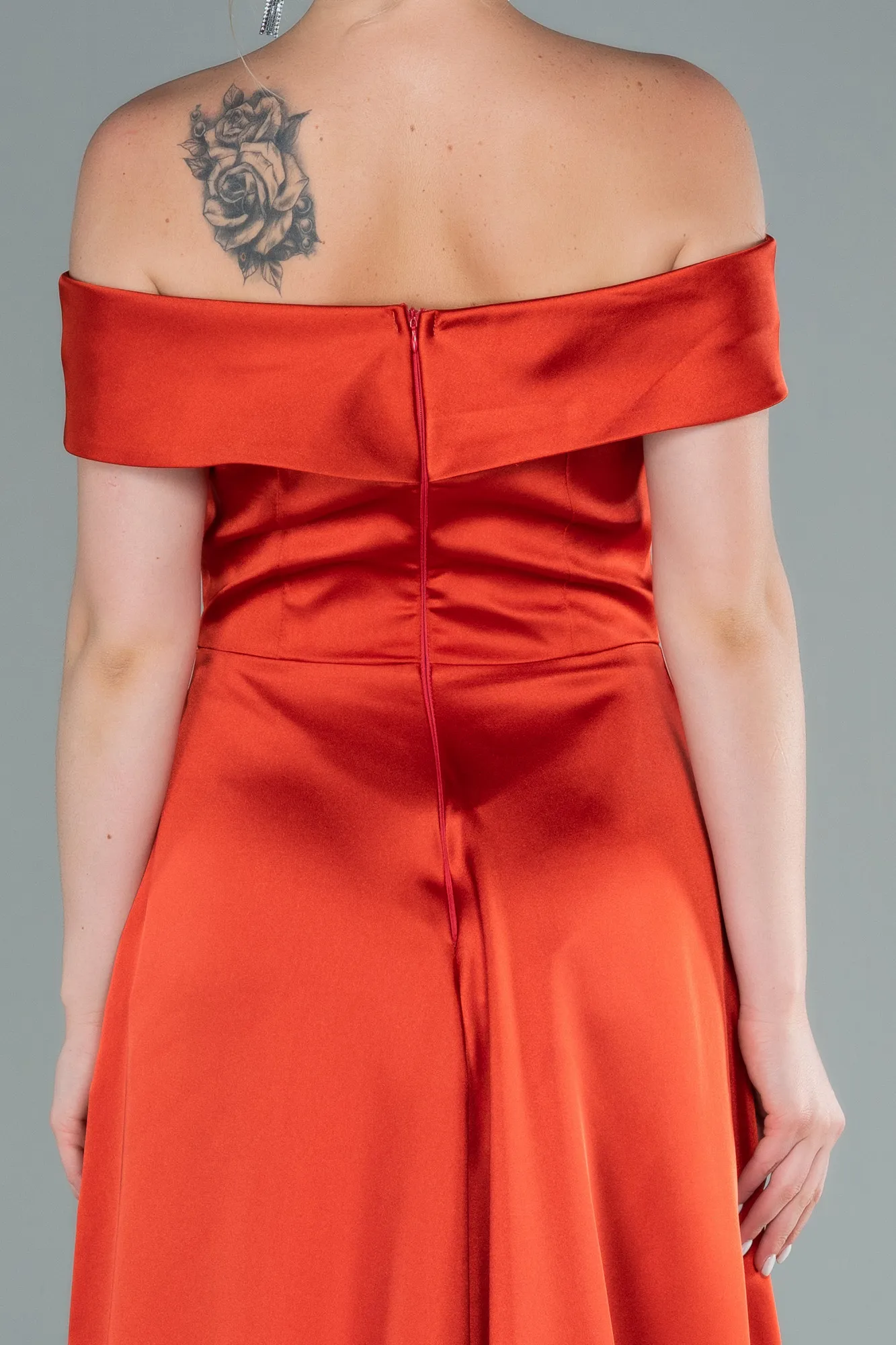 Orange-Boat Neck Slit Long Satin Prom Dress ABU2486