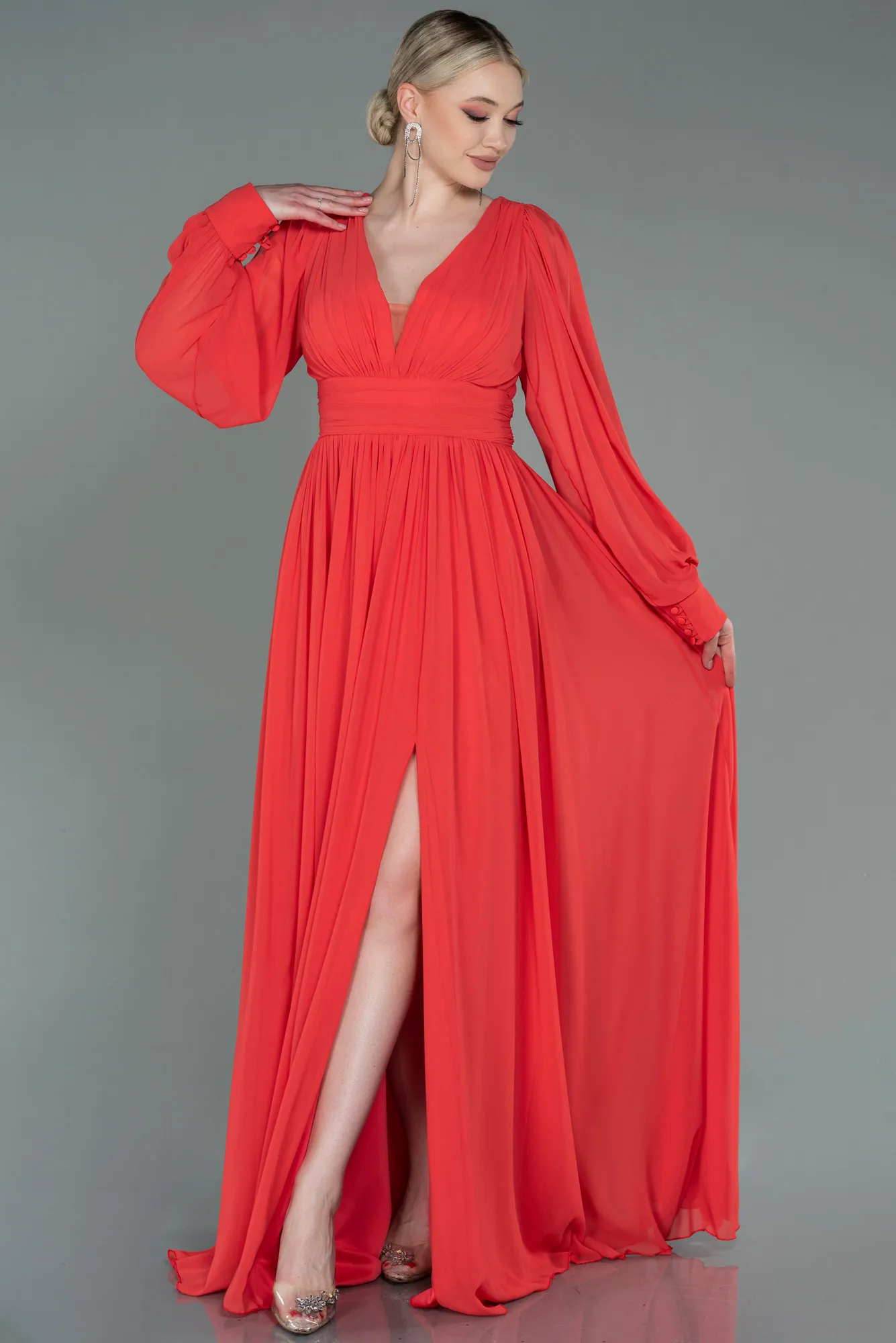 Orange-Long Chiffon Evening Dress ABU1702