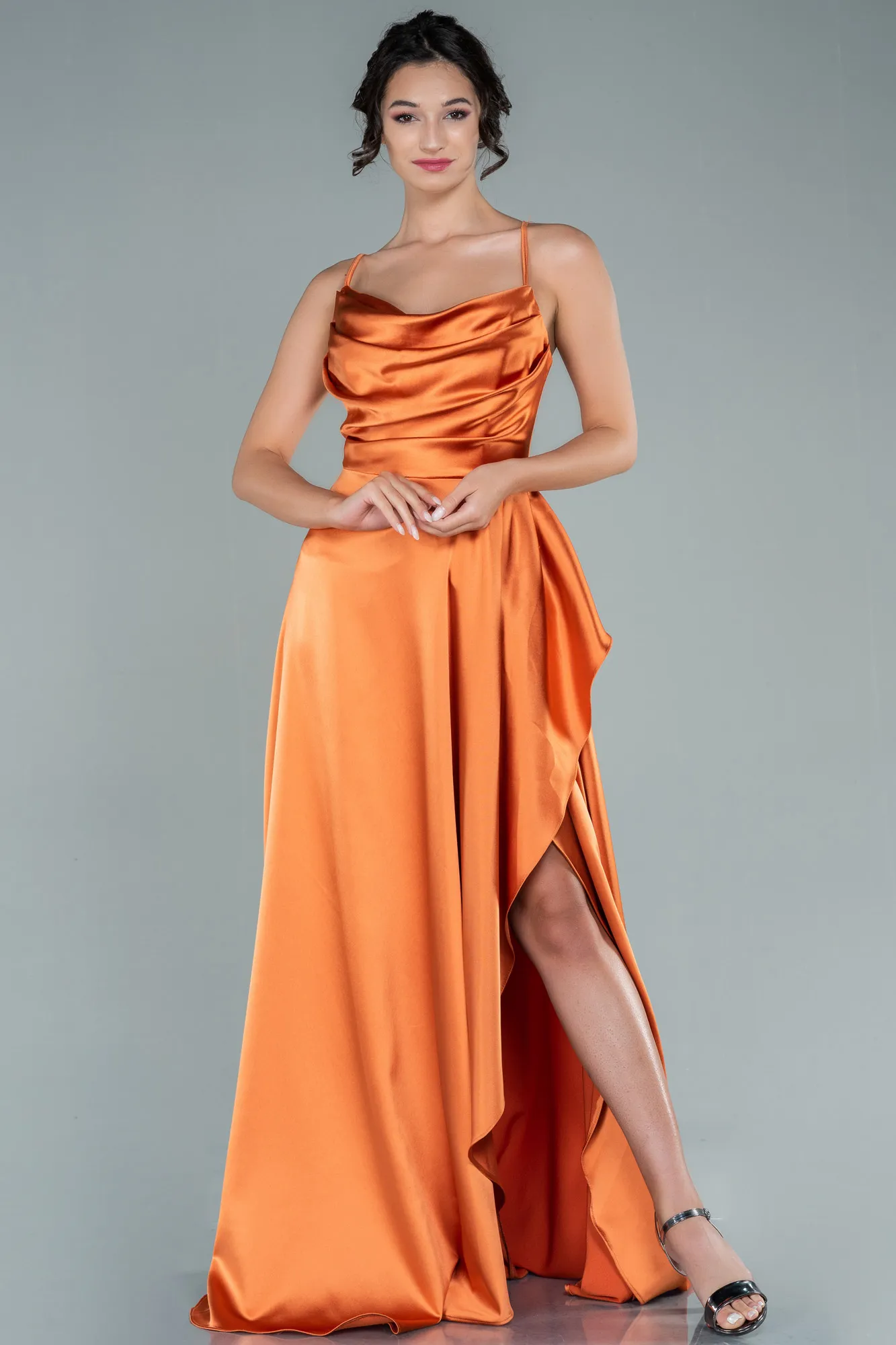 Orange-Long Satin Evening Dress ABU1843