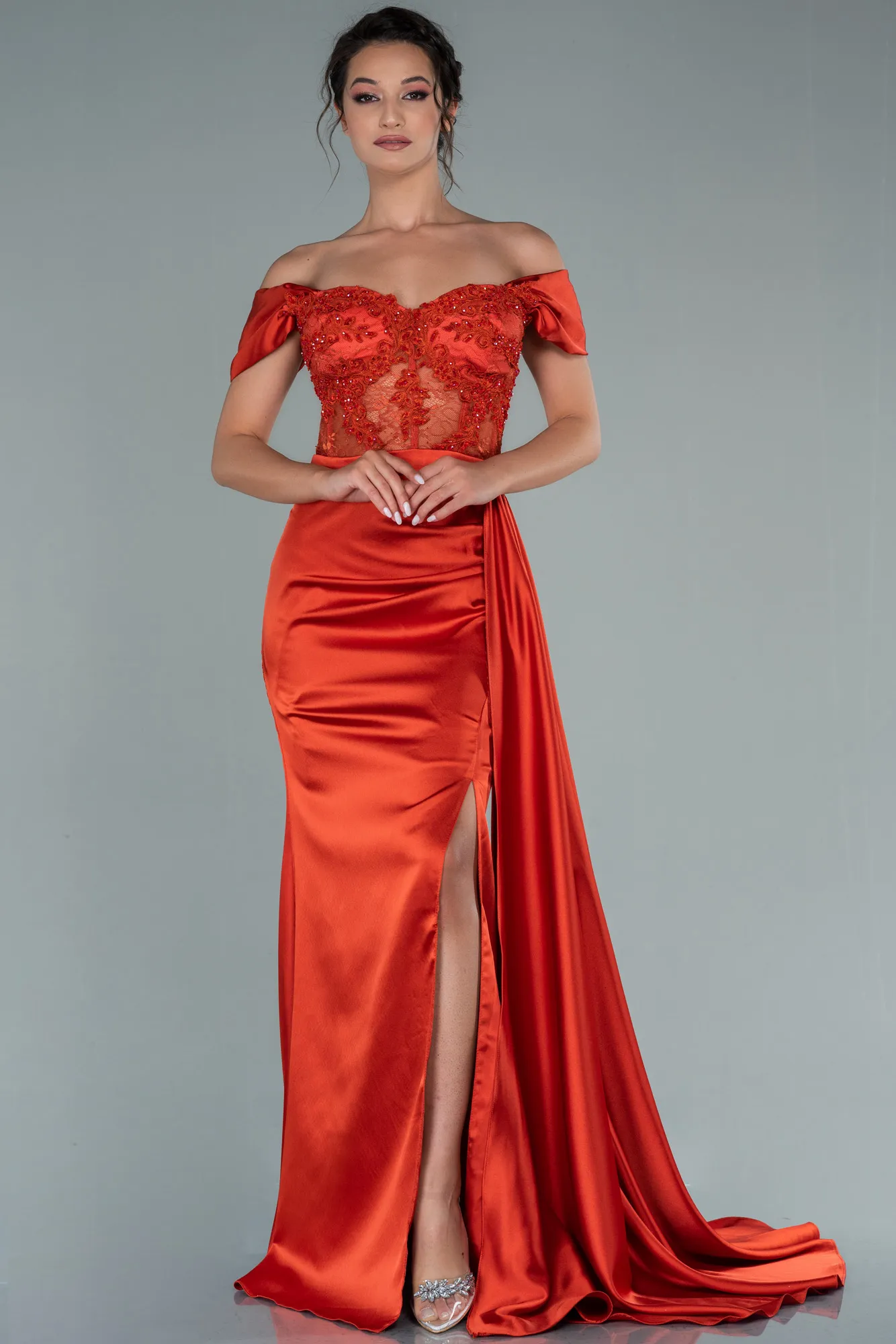Orange-Long Satin Evening Dress ABU2374
