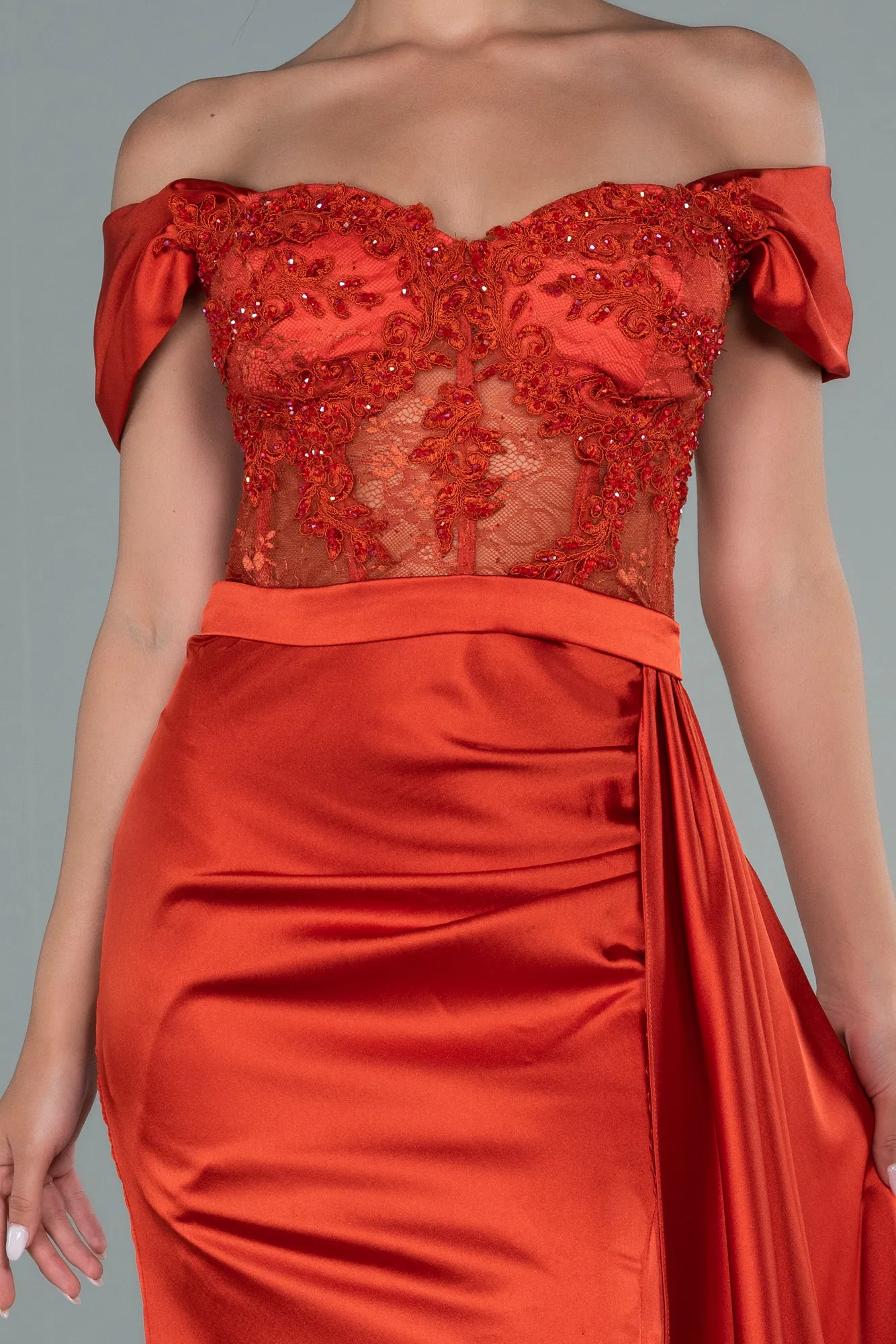 Orange-Long Satin Evening Dress ABU2374